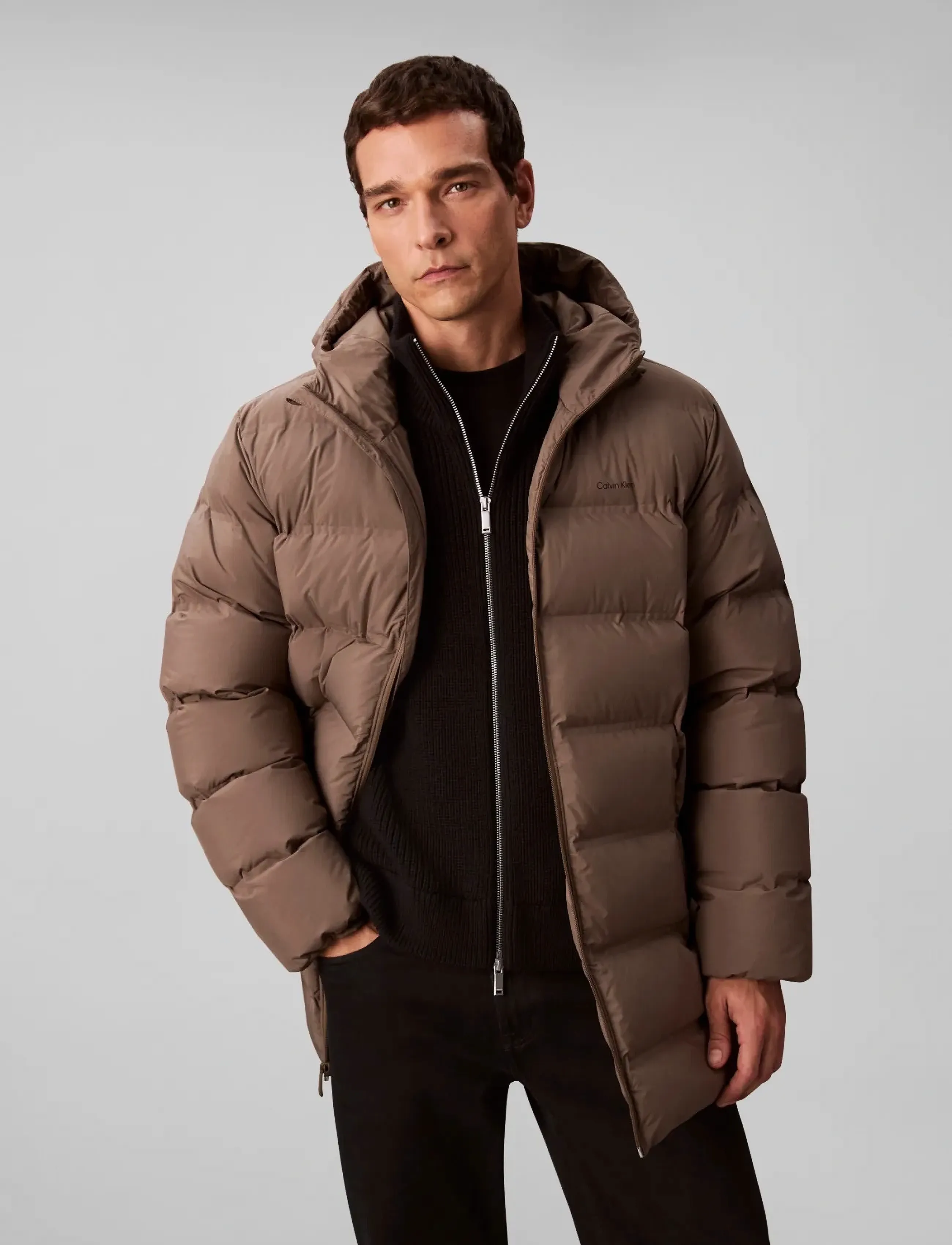 Calvin Klein Ls Bonded Chnnld Long Hooded Puf, Mænd, Lang Hætte Pufferjakke, Brun, Str: XS