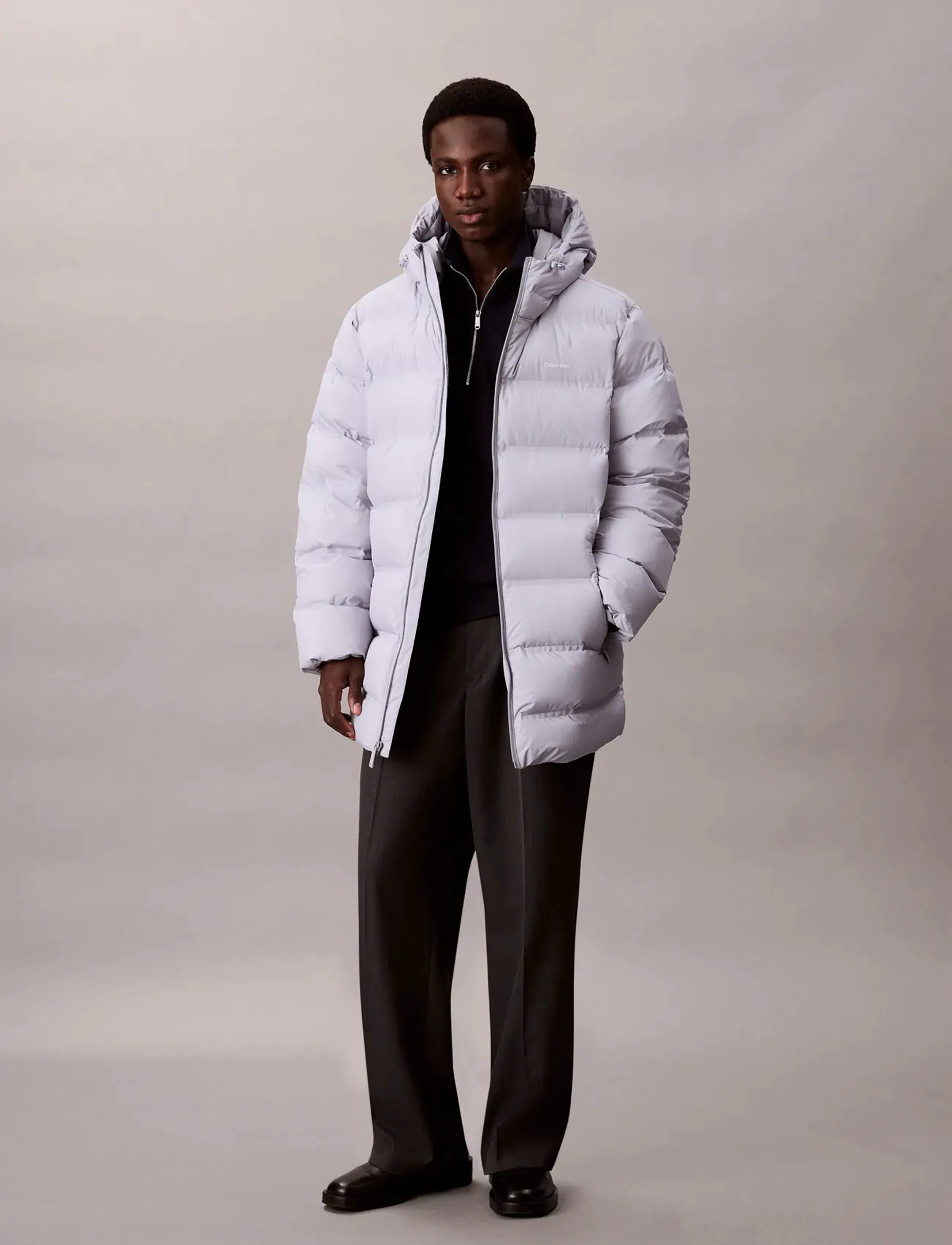 Calvin Klein Ls Bonded Chnnld Long Hooded Puf, Mænd, Lang Hætte Pufferjakke, Grå, Str: XL