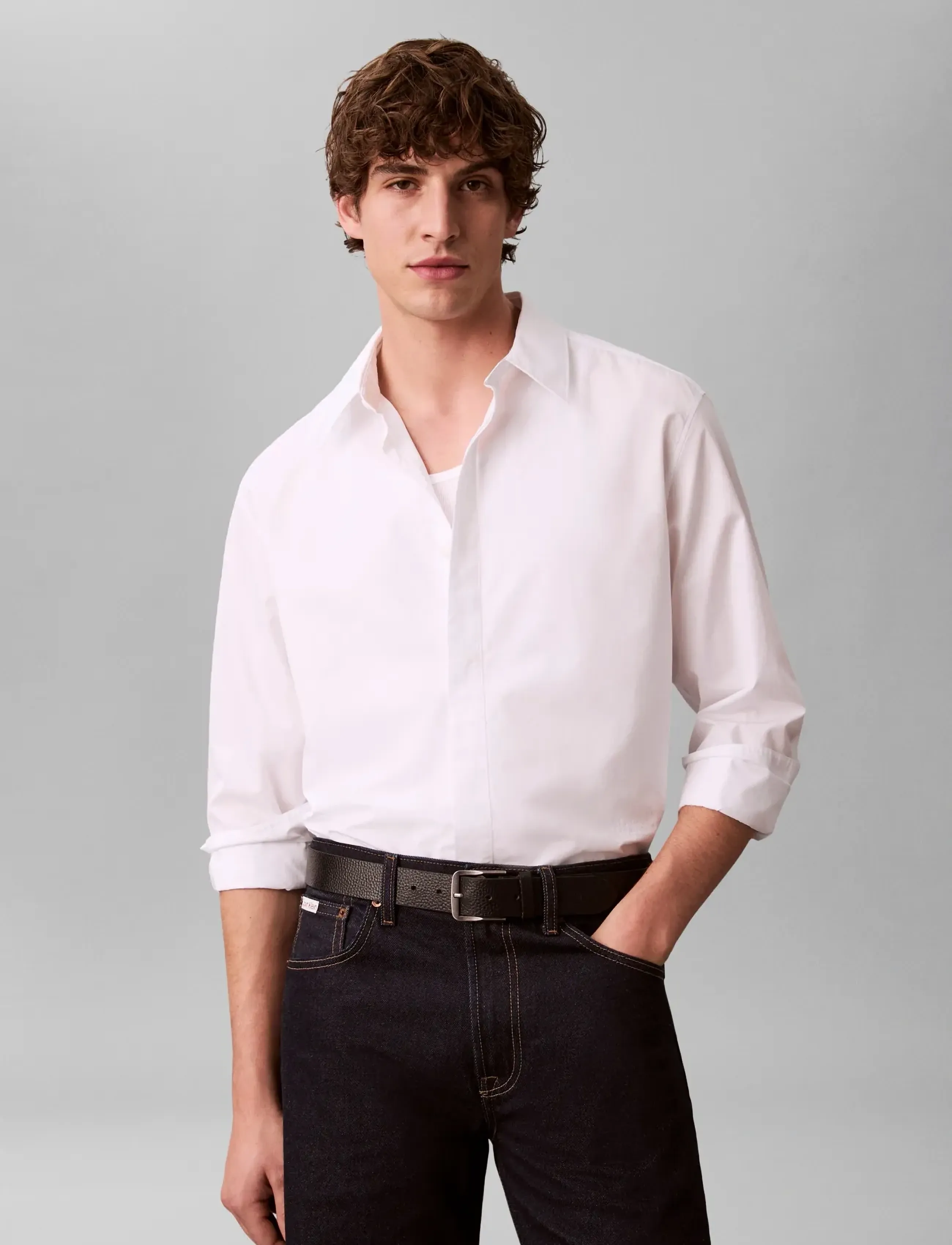 Calvin Klein Ls Solid Crisp Relaxed Shirt, L, Shirts, Weiß - Casual Männerswear