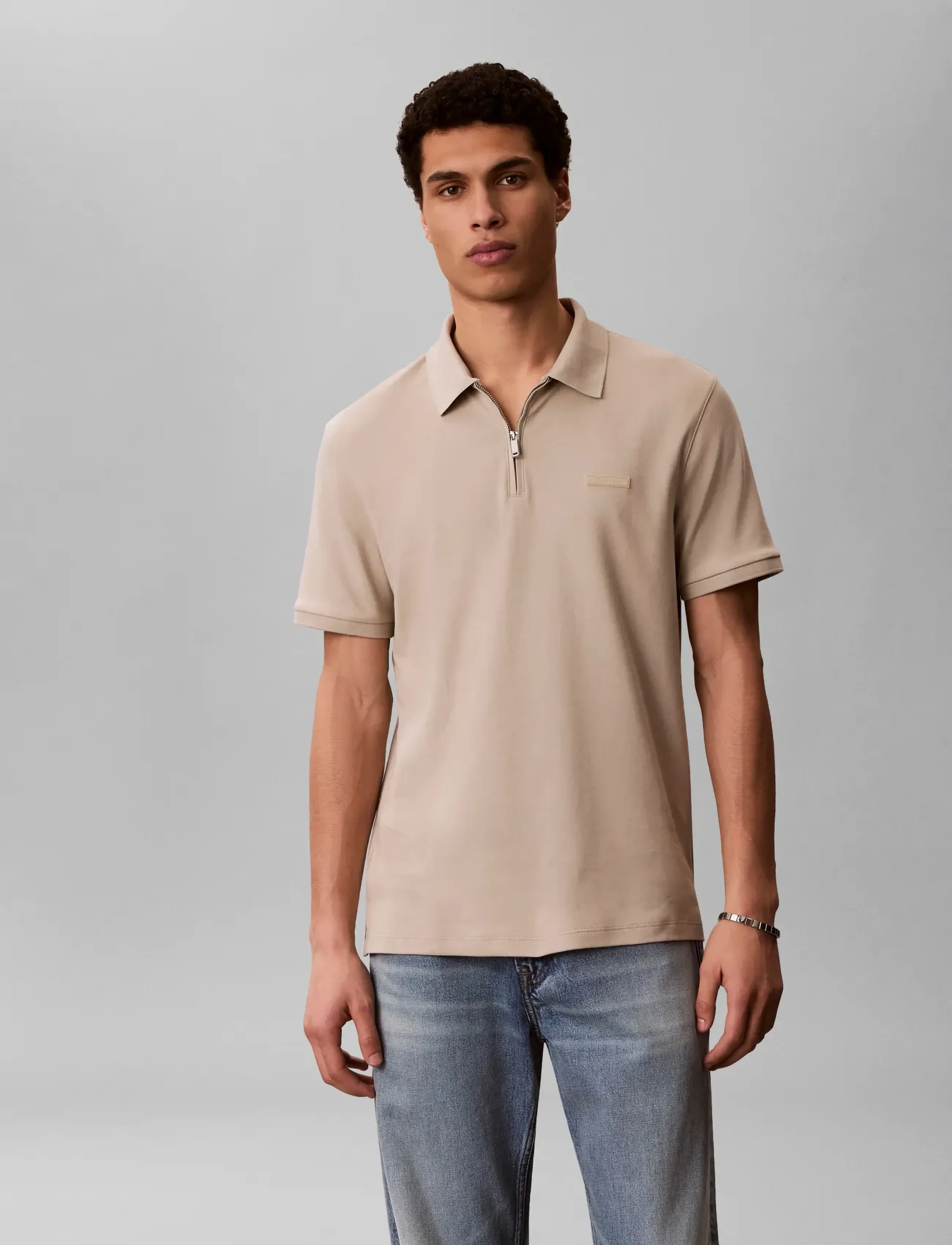 Calvin Klein SS SUPIMA ZIP POLO - Inspiration - ANCIENT MARBLE / beige