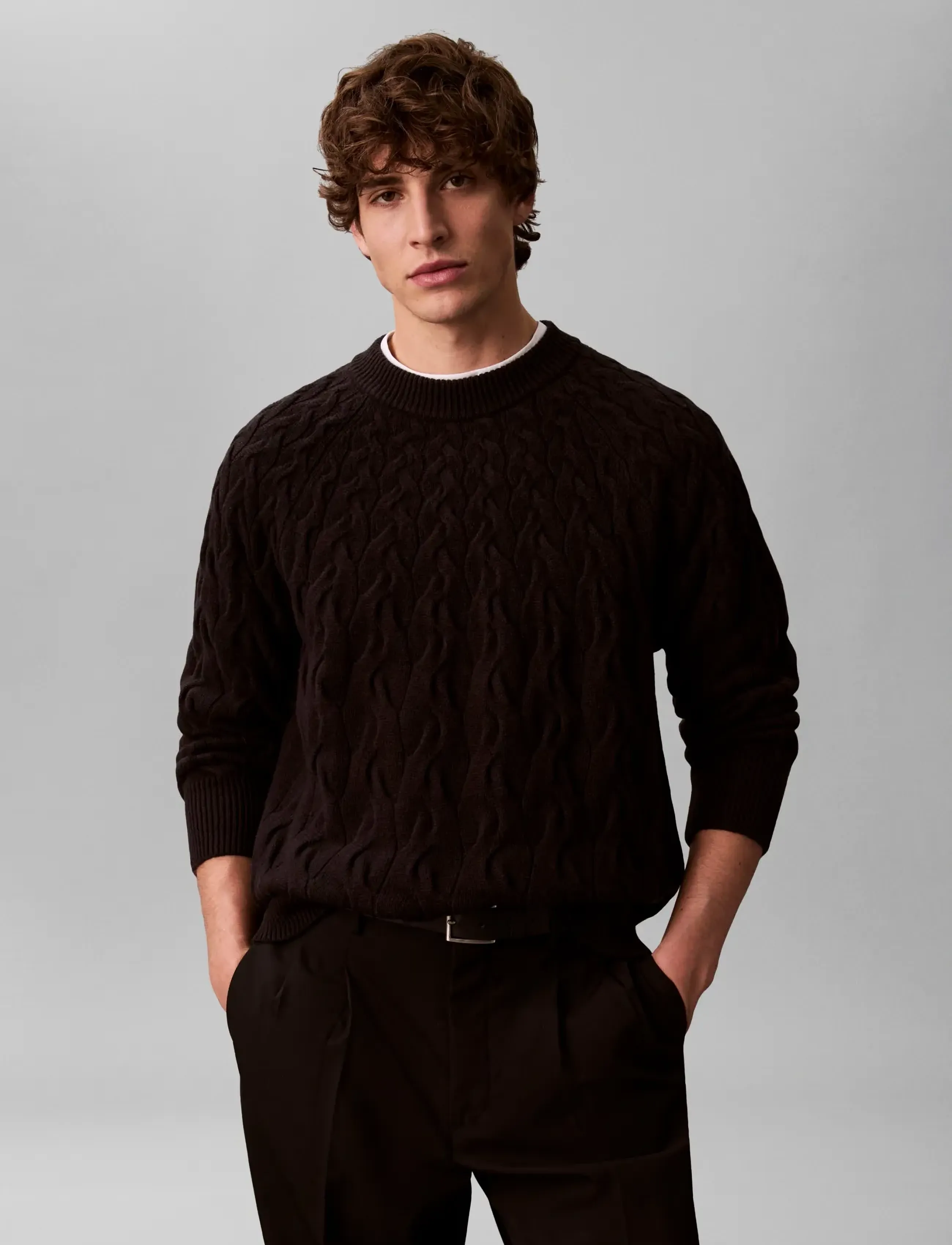 Calvin Klein Ls Lambswool Blend Cable Crewnk, Mænd, Kabelstrikket Rund Hals Sweater, Sort, Str: S