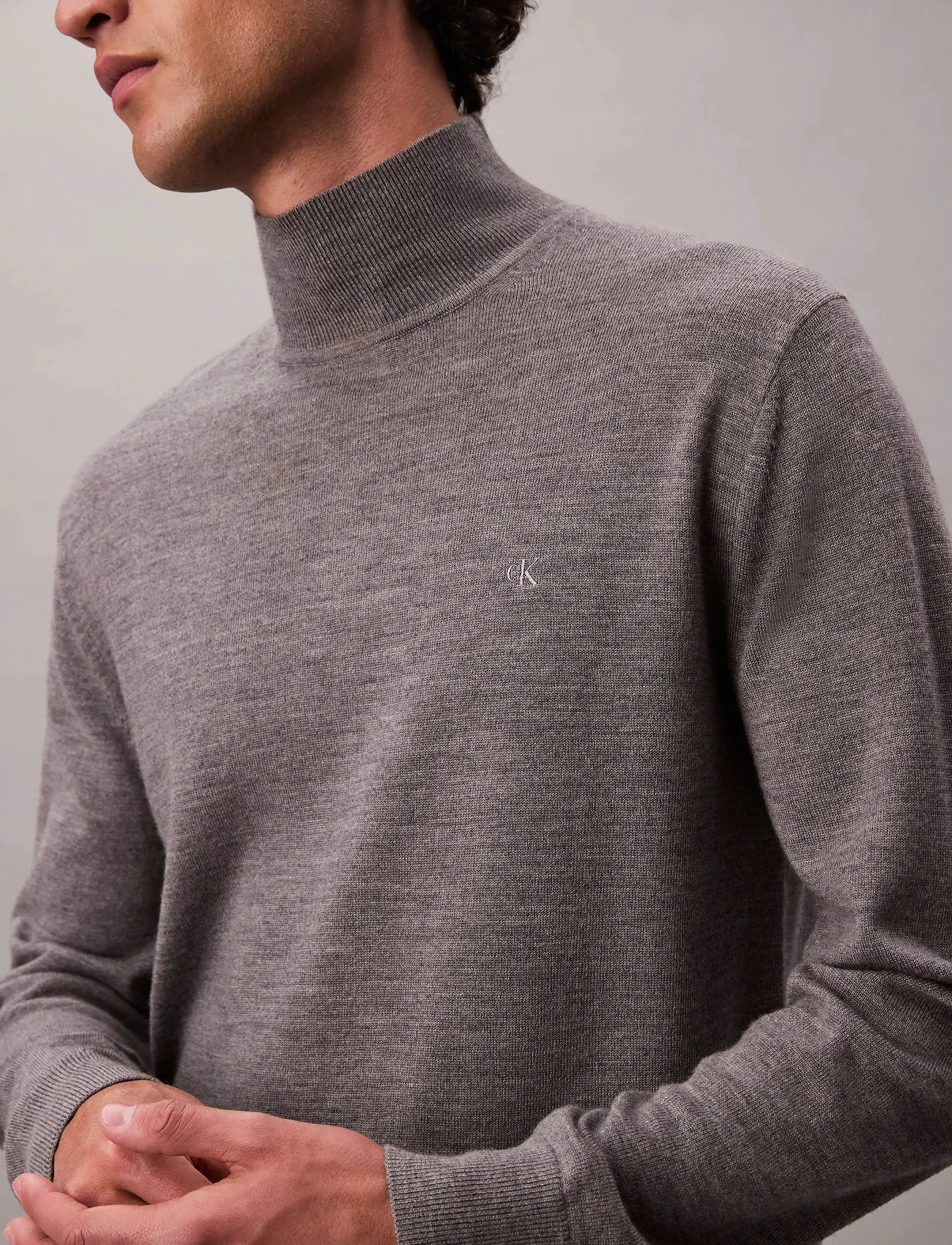Calvin Klein LS MERINO MOCK NECK SWTR - För honom - MEDIUM GREY HTR / grey