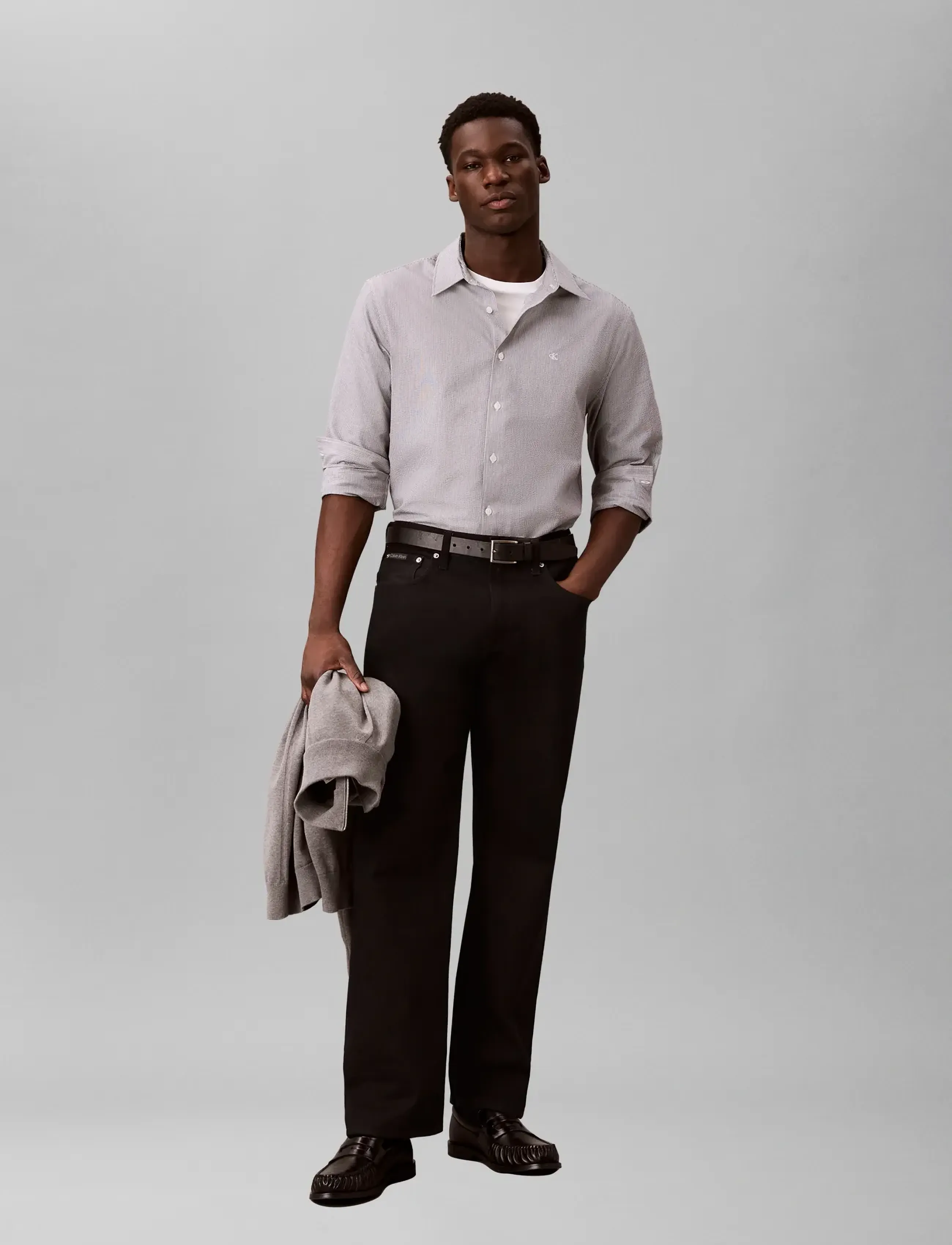 Calvin Klein LS YD STRIPE SEERSUCKER CLASSIC - Clothing - BRILLIANT WHITE / grey