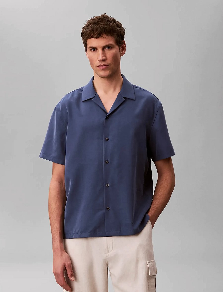 Calvin Klein - SS CAMP COLLAR DRAPEY LYOCELL EA - kurzarmhemden - dark denim - 2