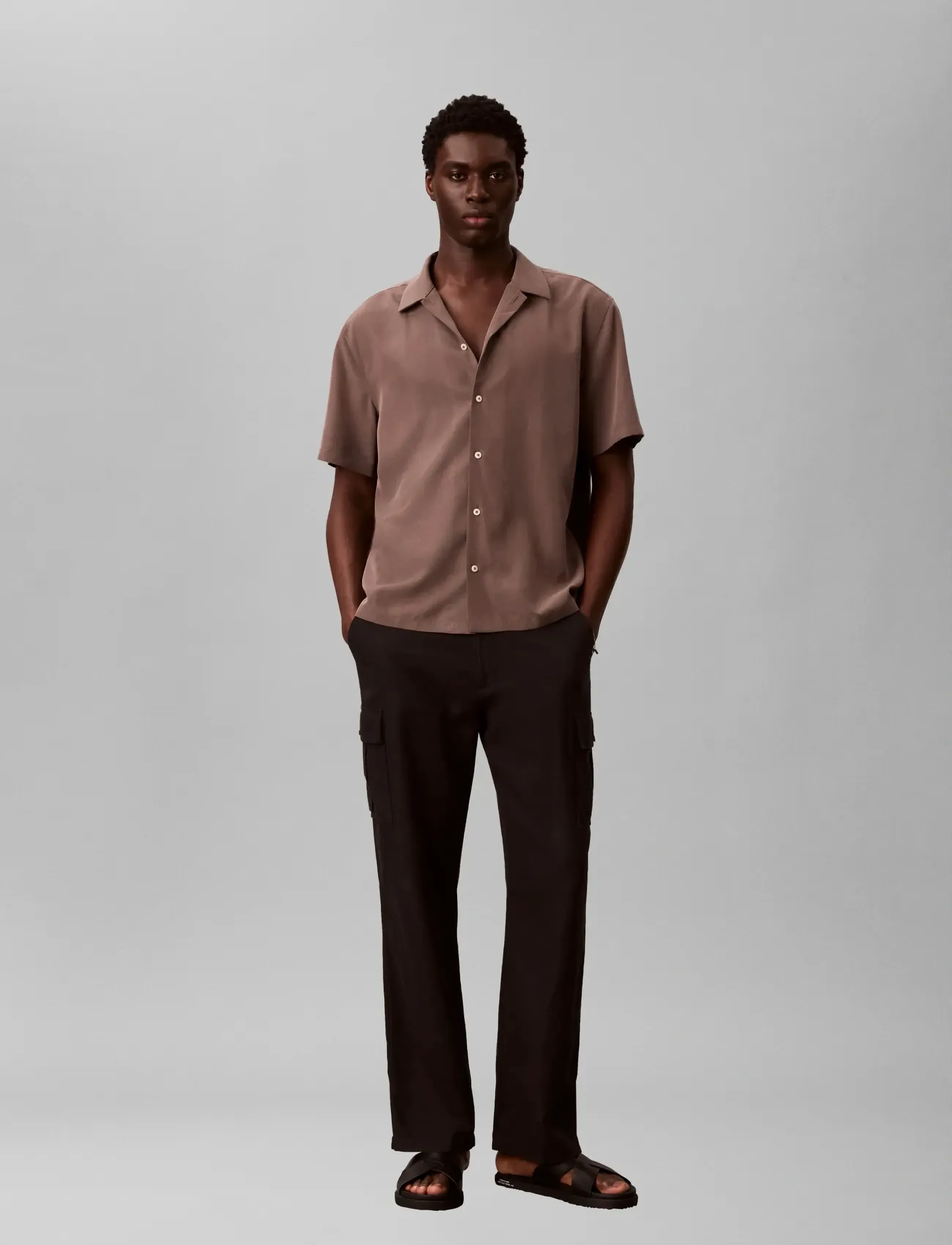 Calvin Klein Ss Camp Collar Drapey Lyocell Ea, Mænd, Kortærmet Camp Collar Skjorte, Brun, Str: S