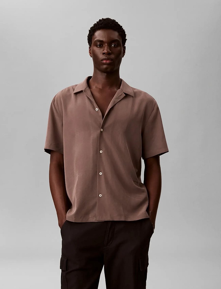 Calvin Klein - SS CAMP COLLAR DRAPEY LYOCELL EA - kortärmade skjortor - warm oak - 3