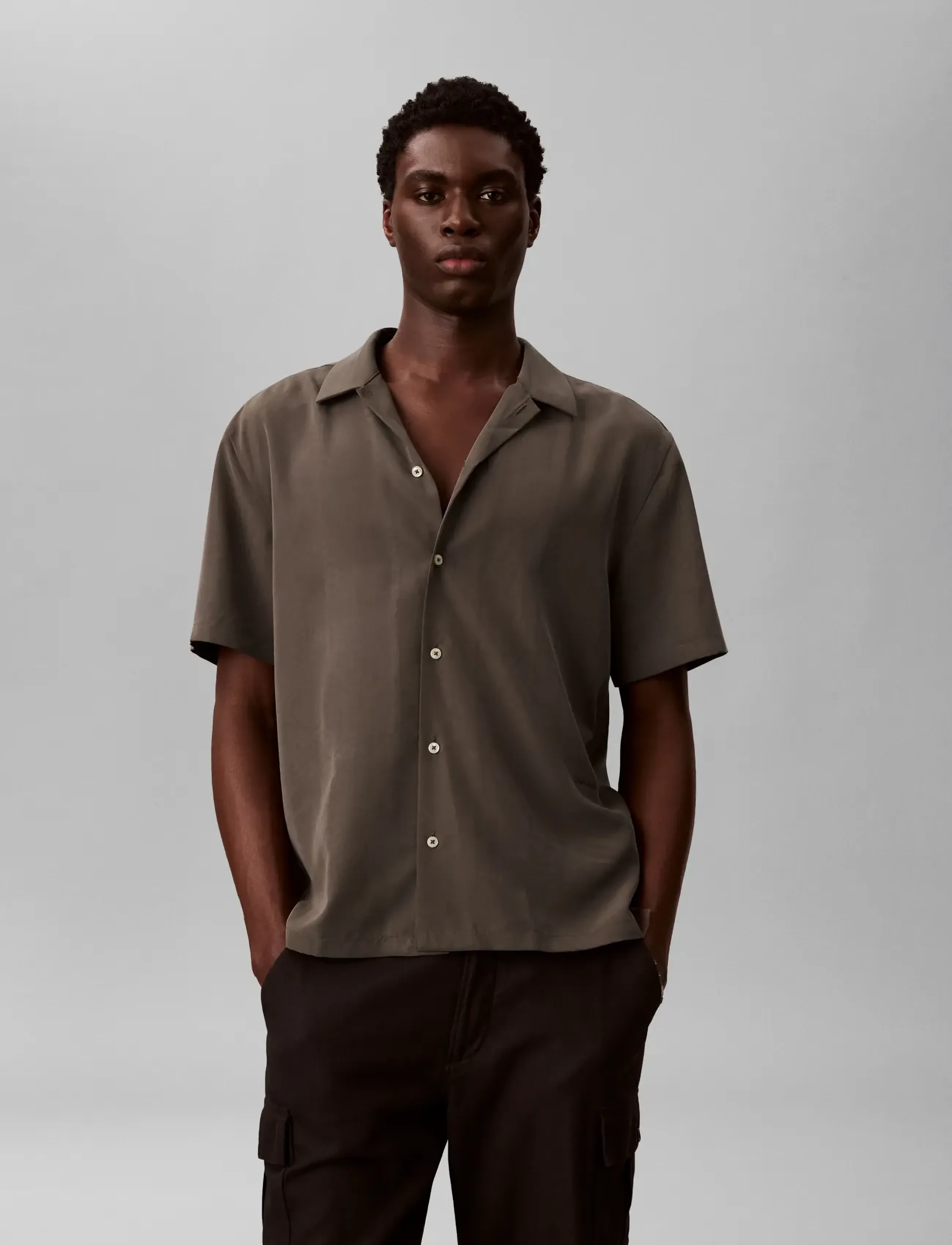 Calvin Klein - SS CAMP COLLAR DRAPEY LYOCELL EA - kortärmade skjortor - warm oak - 3