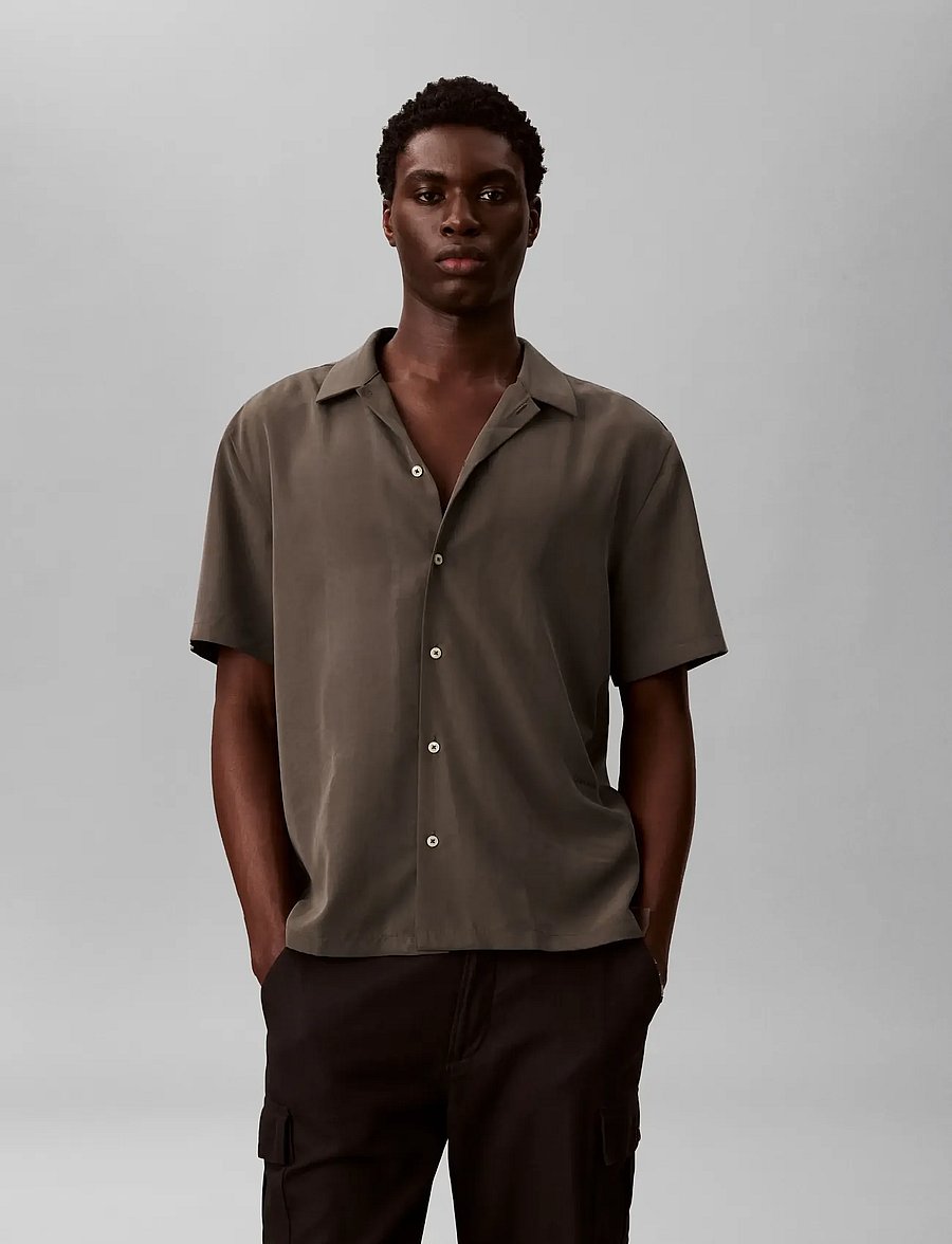 Calvin Klein - SS CAMP COLLAR DRAPEY LYOCELL EA - kortärmade skjortor - warm oak - 3