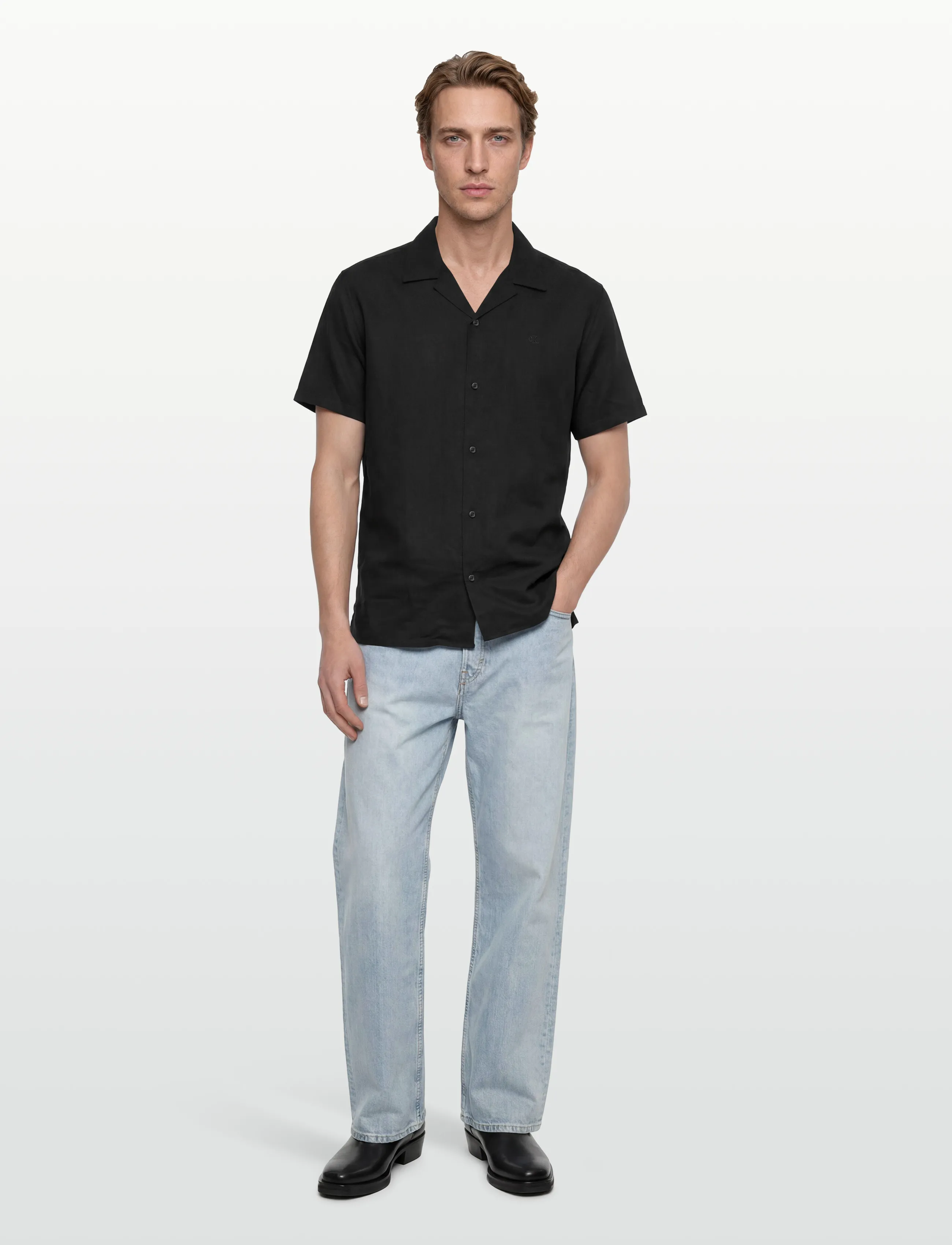 Calvin Klein SS CAMP COLLAR SOLID LINEN CLASS - Skjortor - BLACK / black