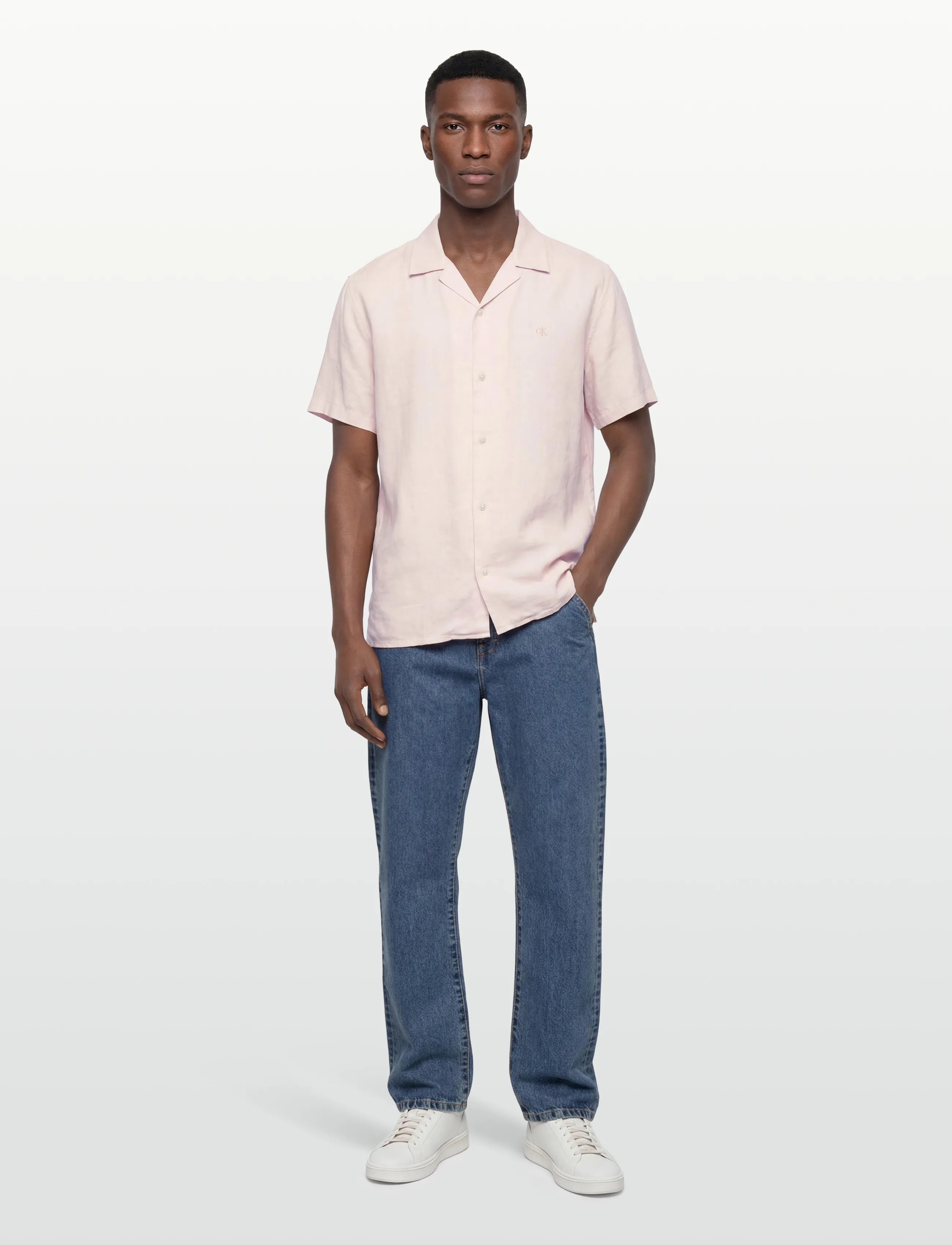 Calvin Klein Ss Camp Collar Solid Linen Class, Mænd, Kortærmet Camp Collar Skjorte, Pink, Str: XS
