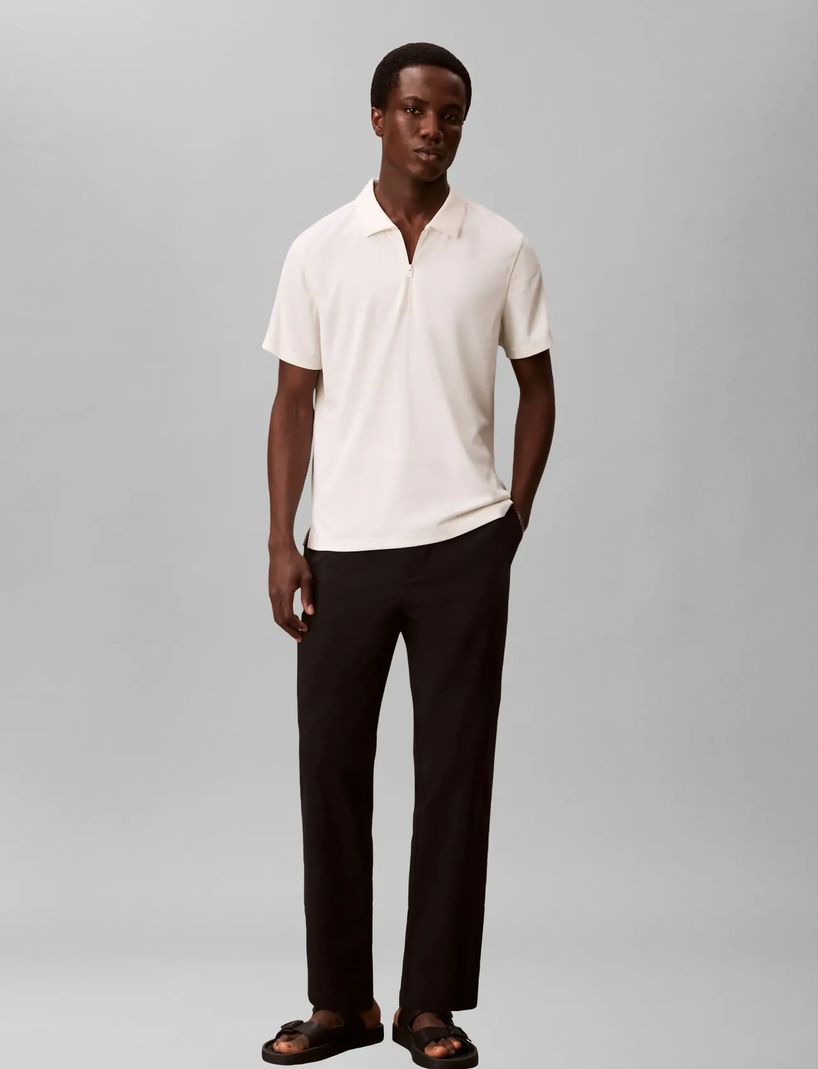 Calvin Klein SS SLIM STRETCH MESH PIQUE POLO - Kurzärmelig - TOFU / cream