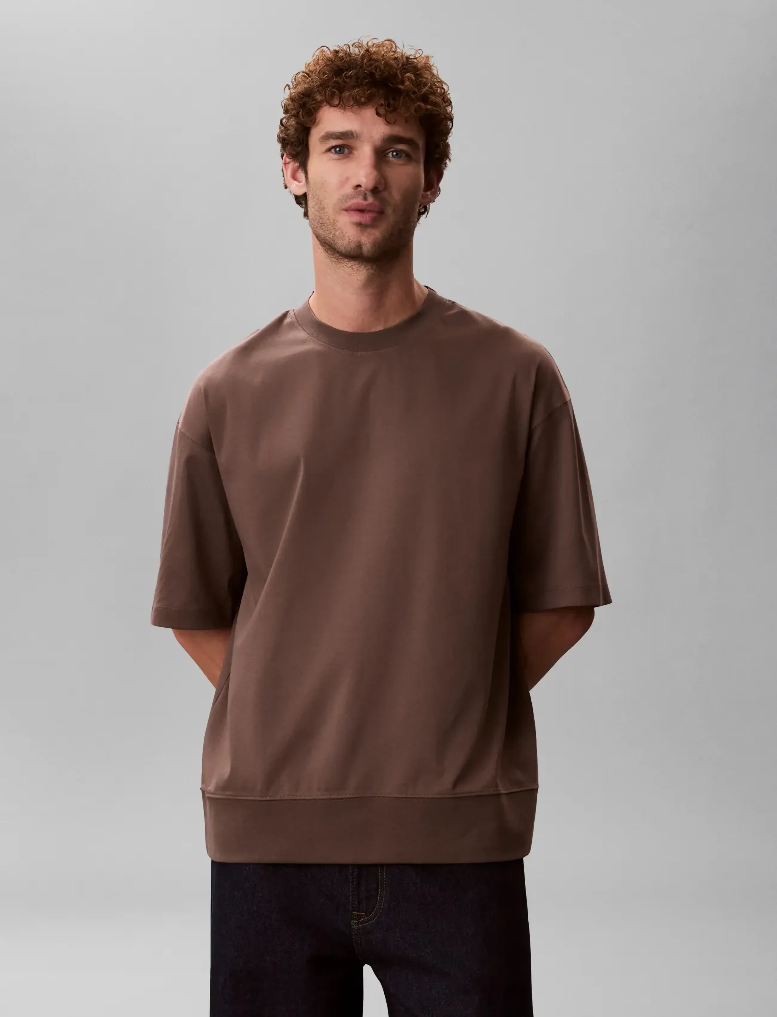 Calvin Klein SS MERCERIZED INTERLOCK CUFF CRE - T-Shirts - WARM OAK / brown