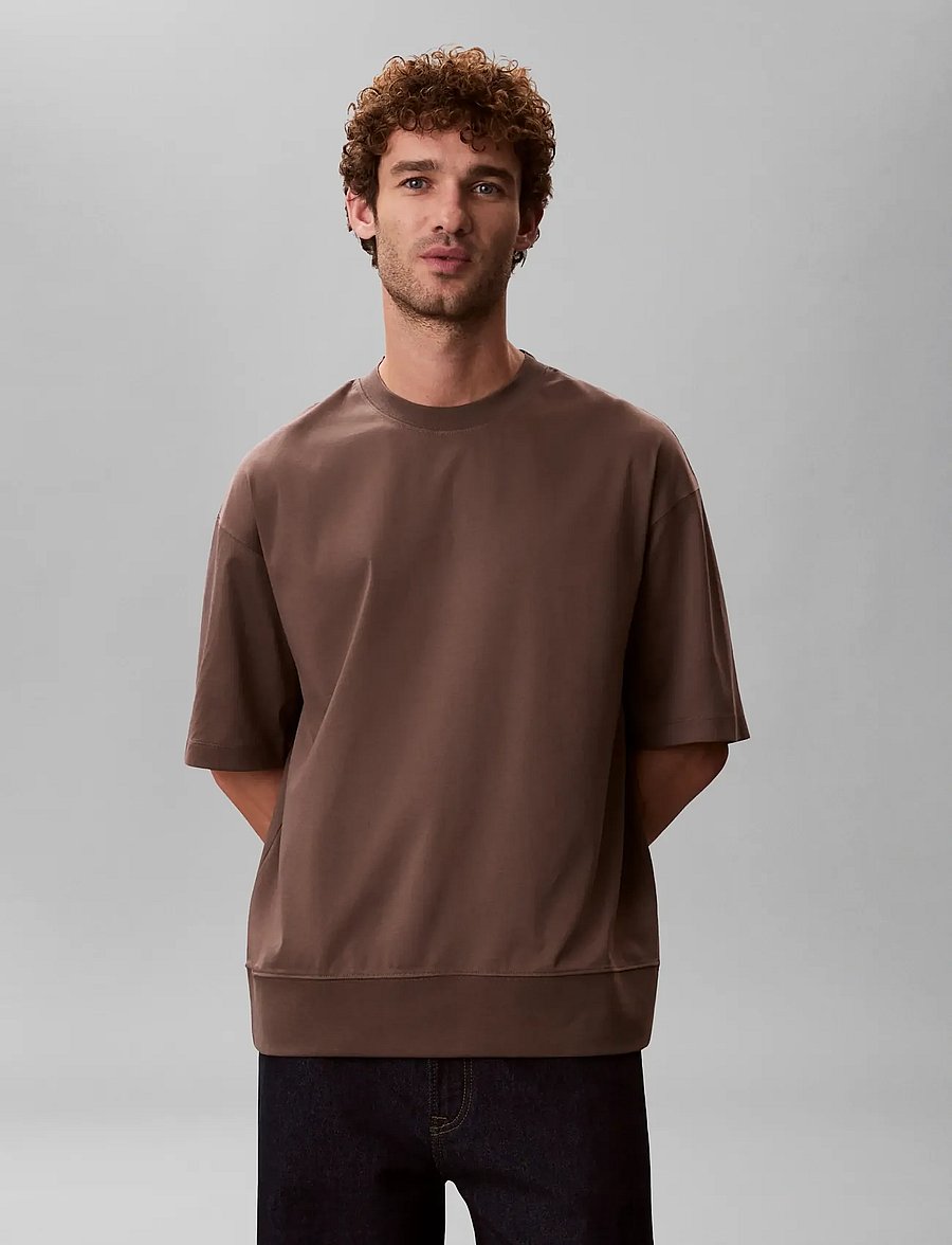 Calvin Klein - SS MERCERIZED INTERLOCK CUFF CRE - kurzärmelige t-shirts - warm oak - 0