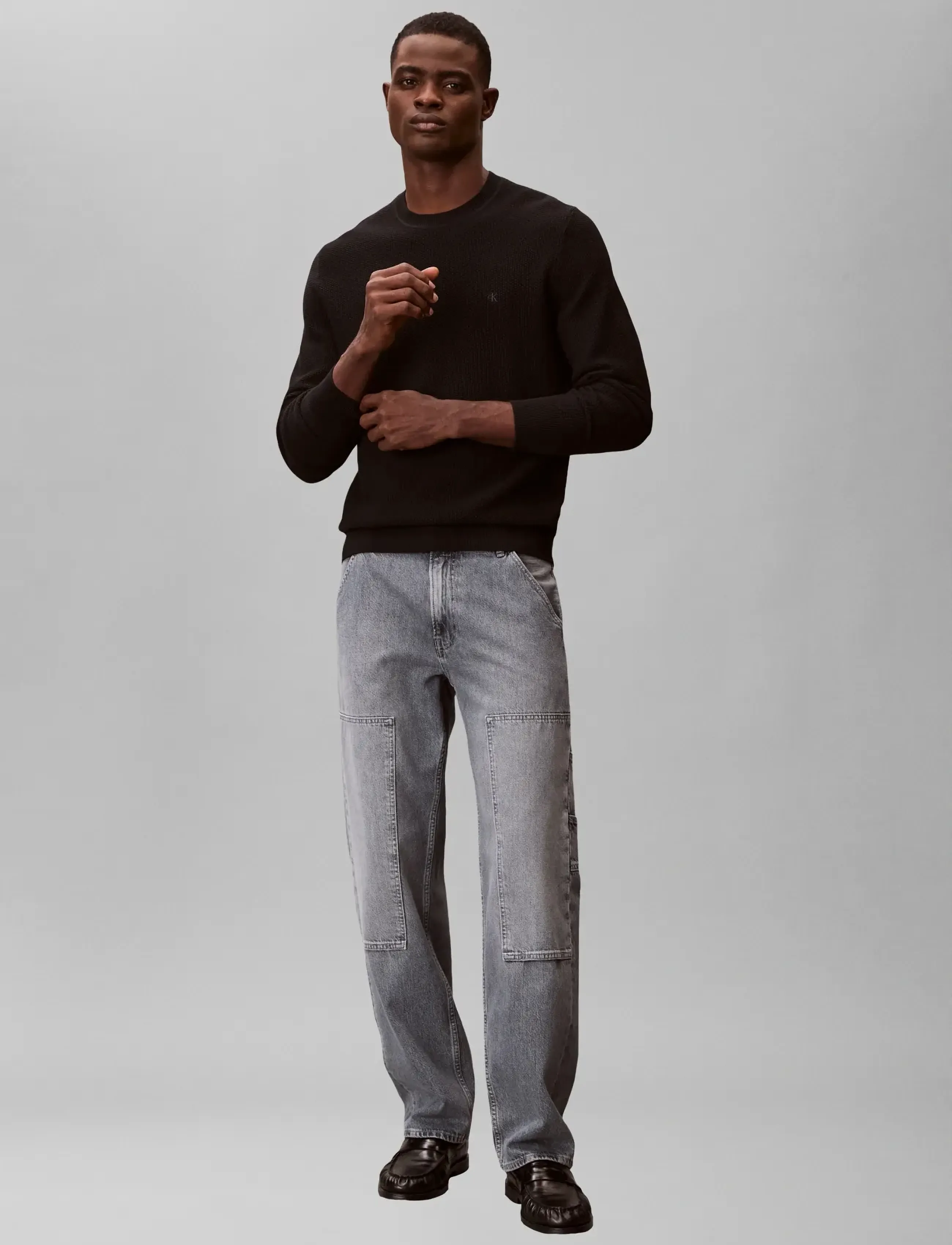 Calvin Klein Ls Textured Cotton Crewnk Sweate, XXL, Black, Strik > Runde Halse, Herre