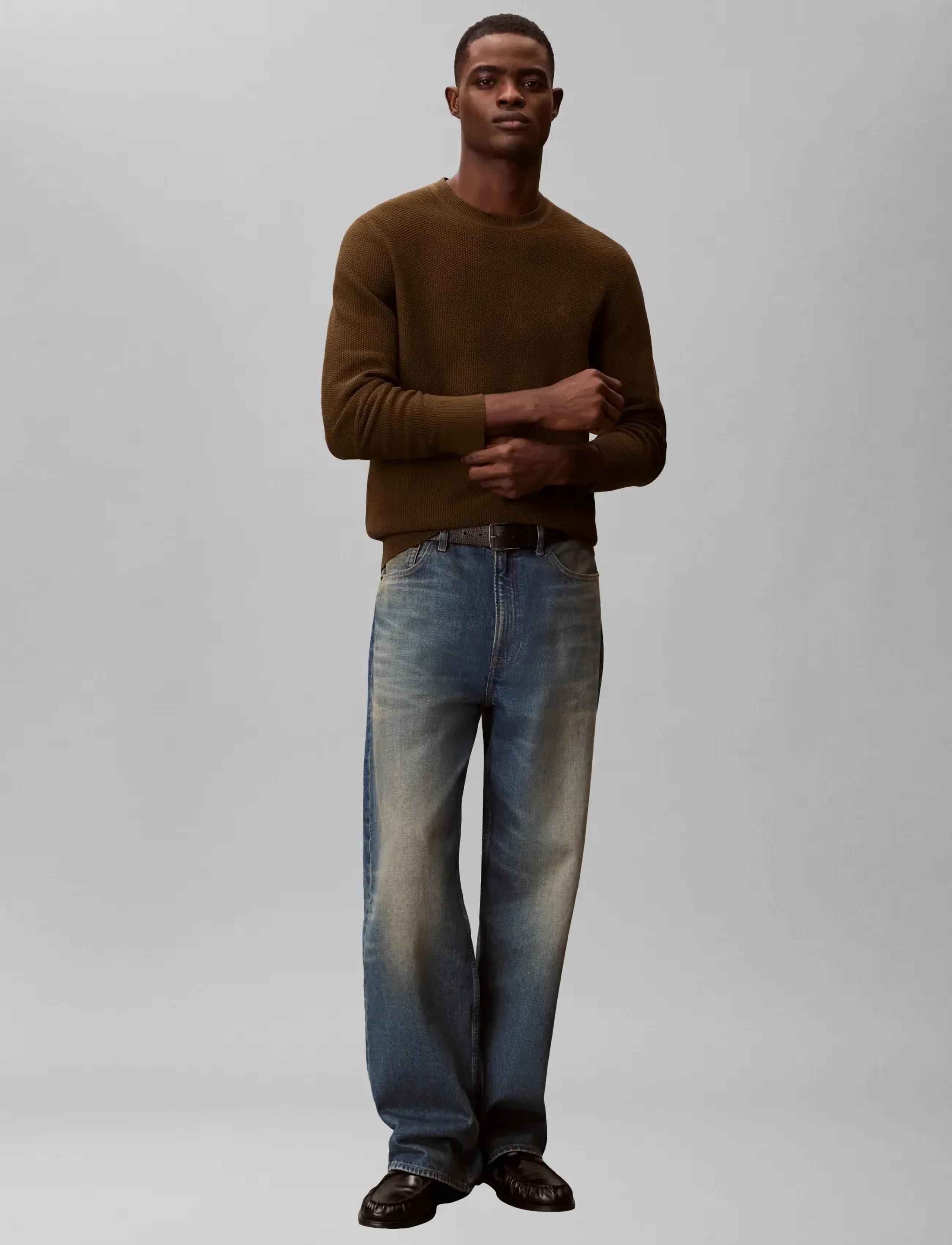 Calvin Klein Ls Textured Cotton Crewnk Sweate, Mænd, Tekstureret Rundhals Sweater, Kakigrøn, Str: M