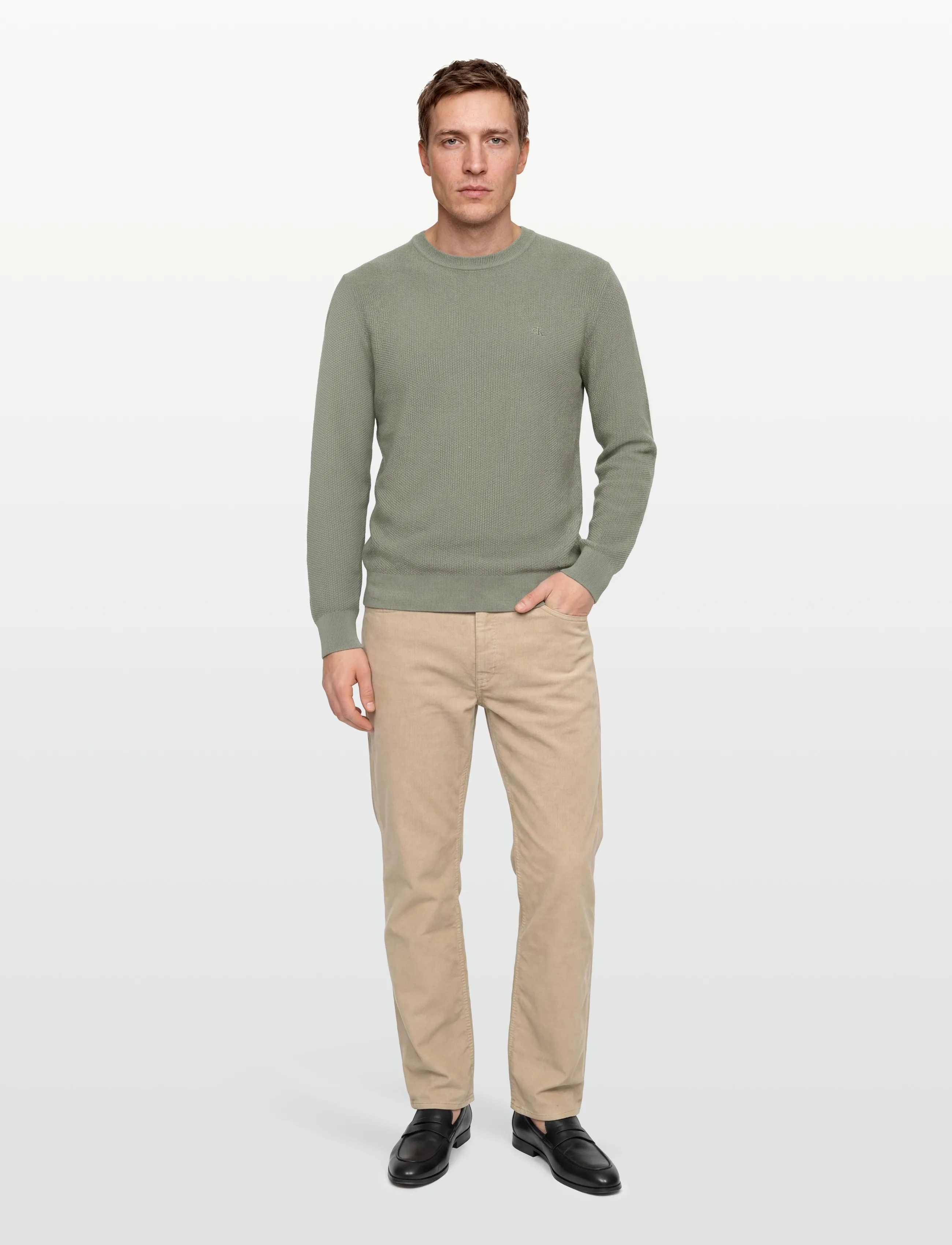 Calvin Klein Ls Textured Cotton Crewnk Sweate, Mænd, Tekstureret Rundhals Sweater, Kakigrøn, Str: XL