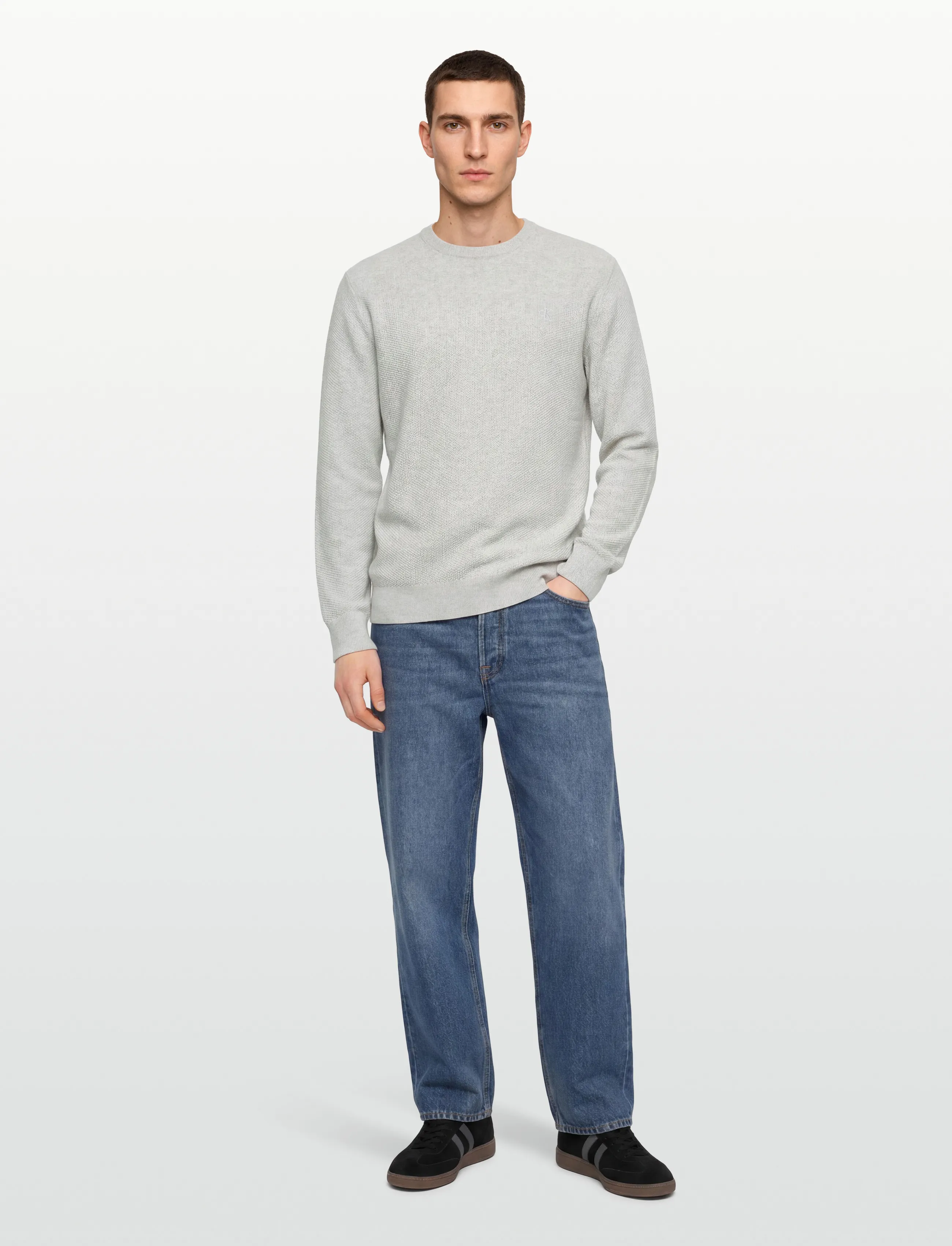 Calvin Klein Ls Textured Cotton Crewnk Sweate, Mænd, Tekstureret Rundhals Sweater, Grå, Str: M