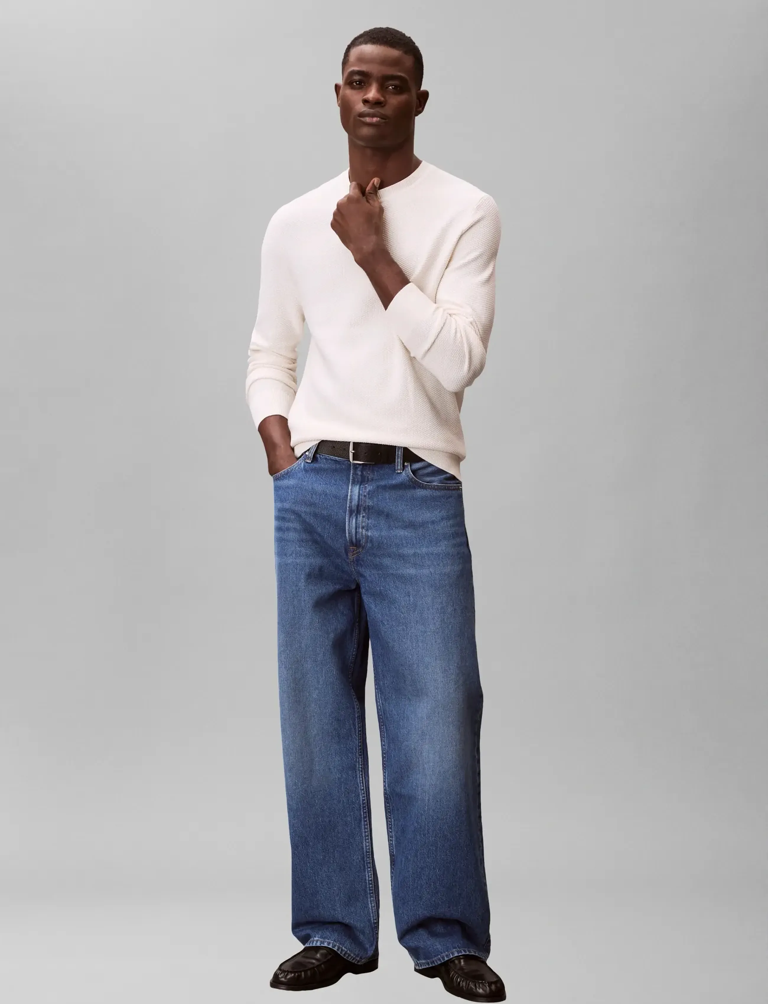 Calvin Klein Ls Textured Cotton Crewnk Sweate, Mænd, Tekstureret Rundhals Sweater, Cream, Str: XXL
