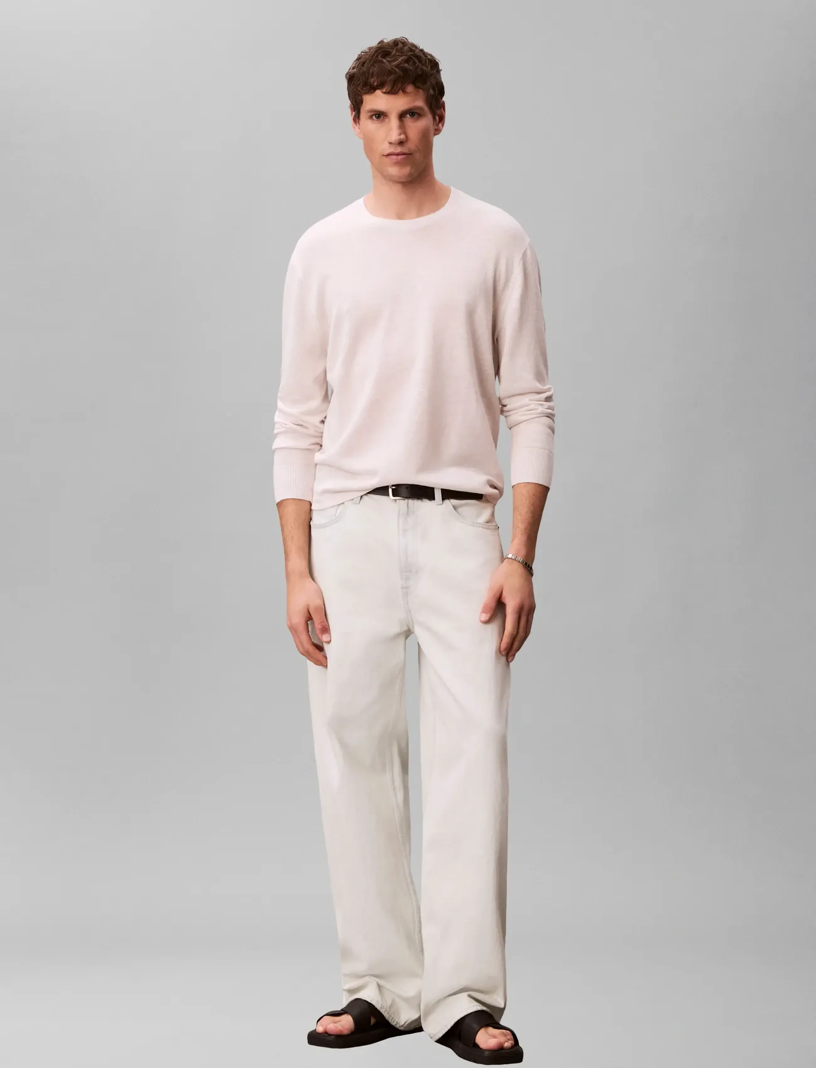 Calvin Klein LS LINEN BLEND CREW SWTR 12GG - Kleidung - WHITE SAND / cream