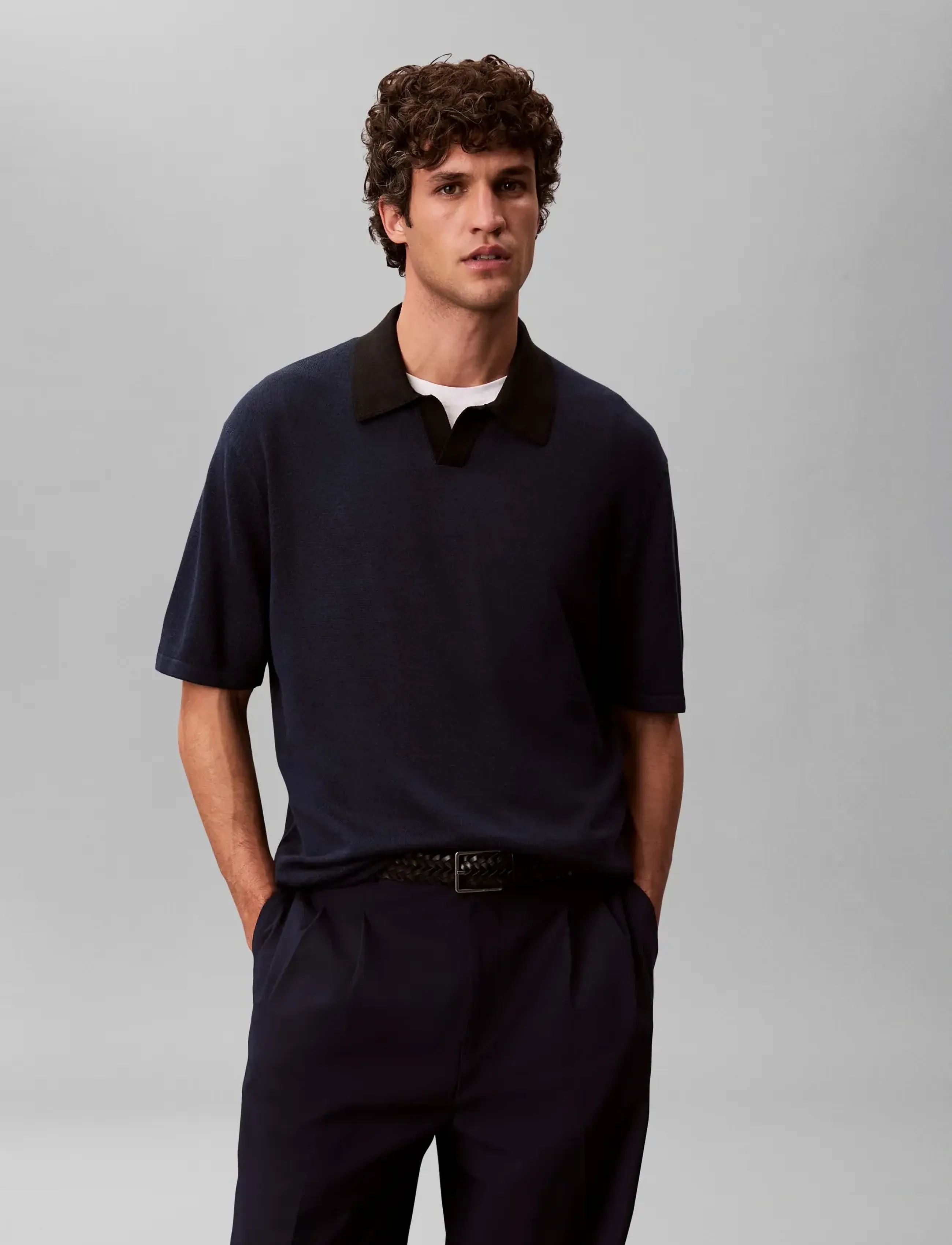 Calvin Klein - SS LINEN BLND JOHNNY SWTR 12GG - polostrik - dark sapphire  black - 0