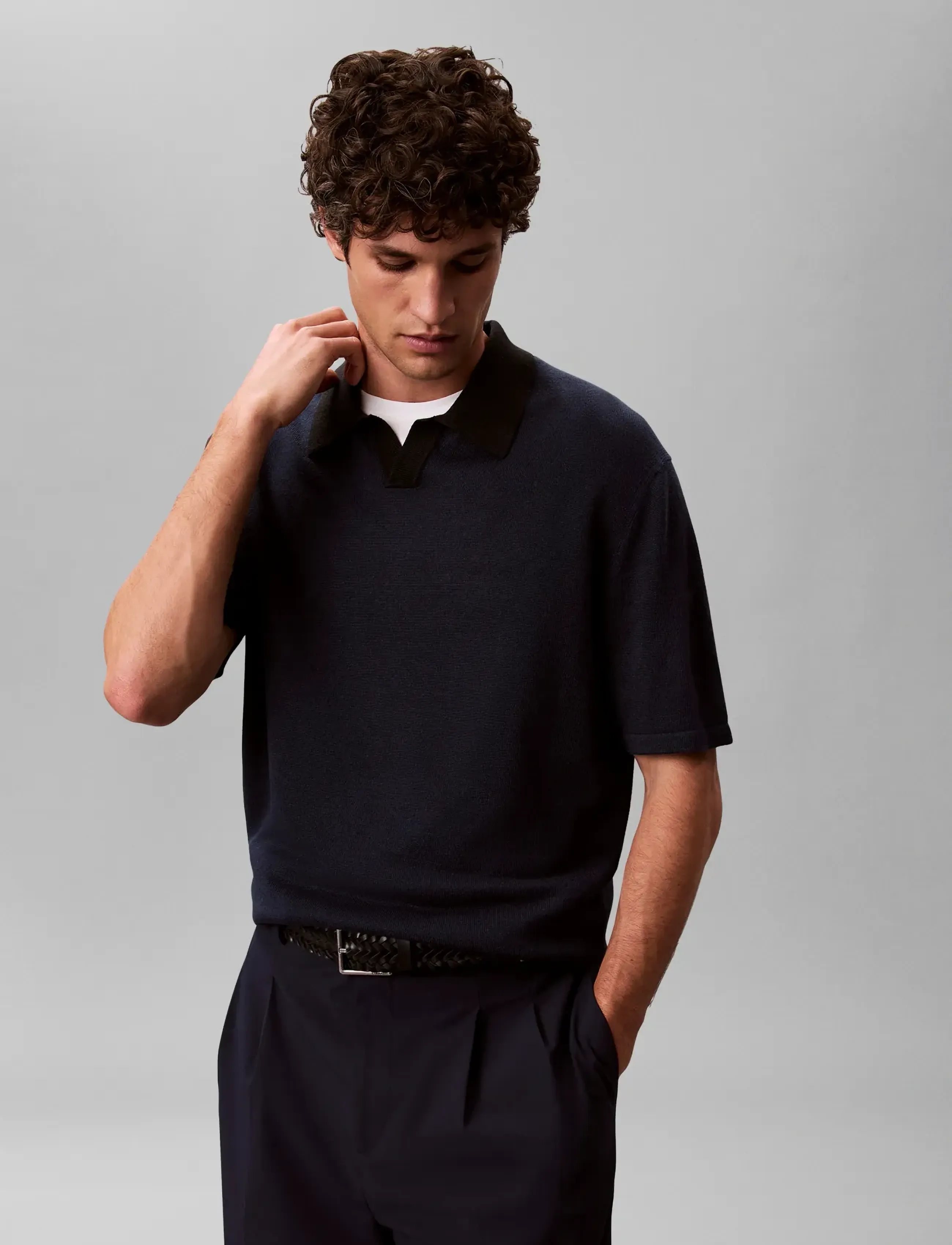 Calvin Klein - SS LINEN BLND JOHNNY SWTR 12GG - polostrik - dark sapphire  black - 5