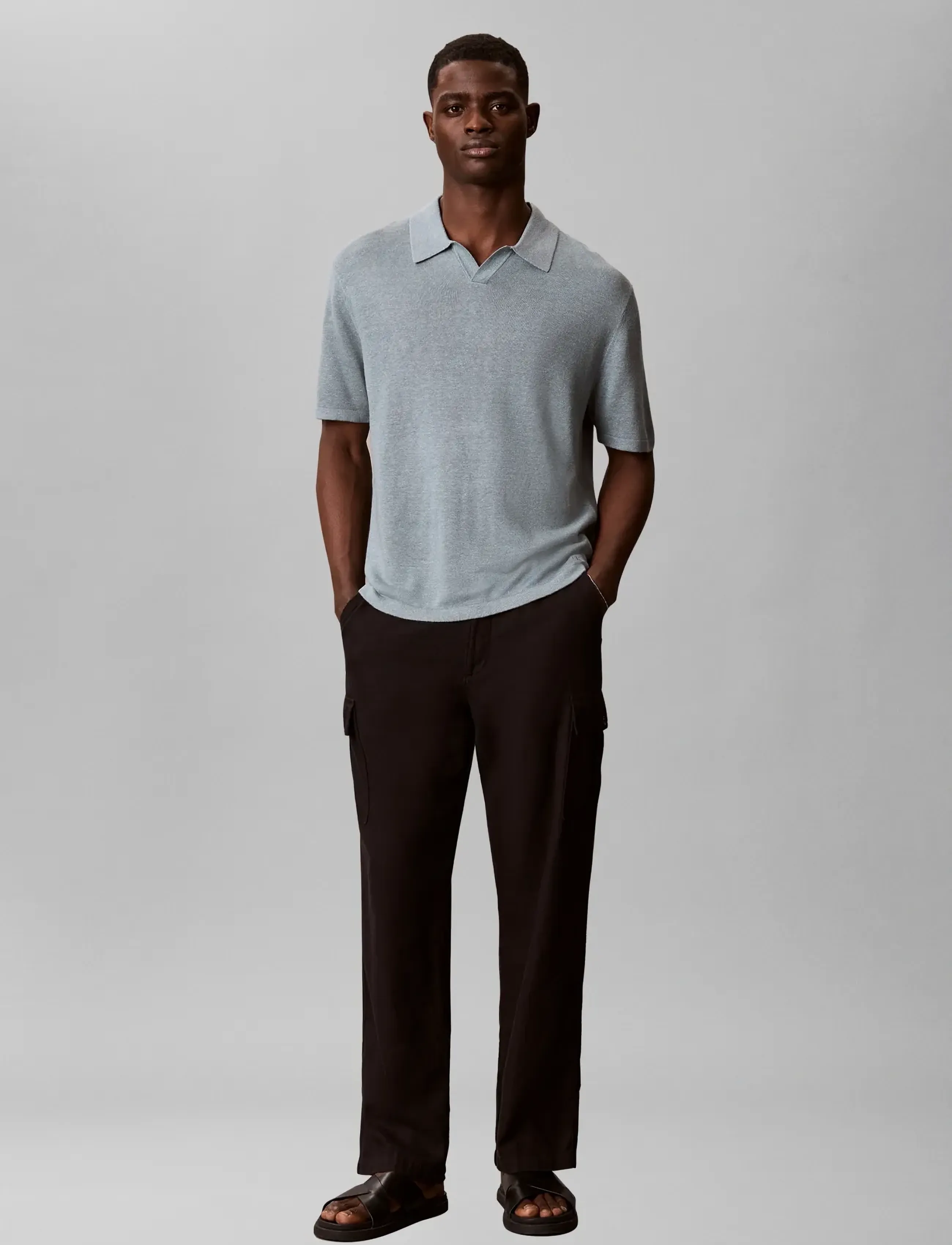 Calvin Klein SS LINEN BLND JOHNNY SWTR 12GG - Kurzärmelige gestrickte Polohemden - FROSTED SPRUCE / blue