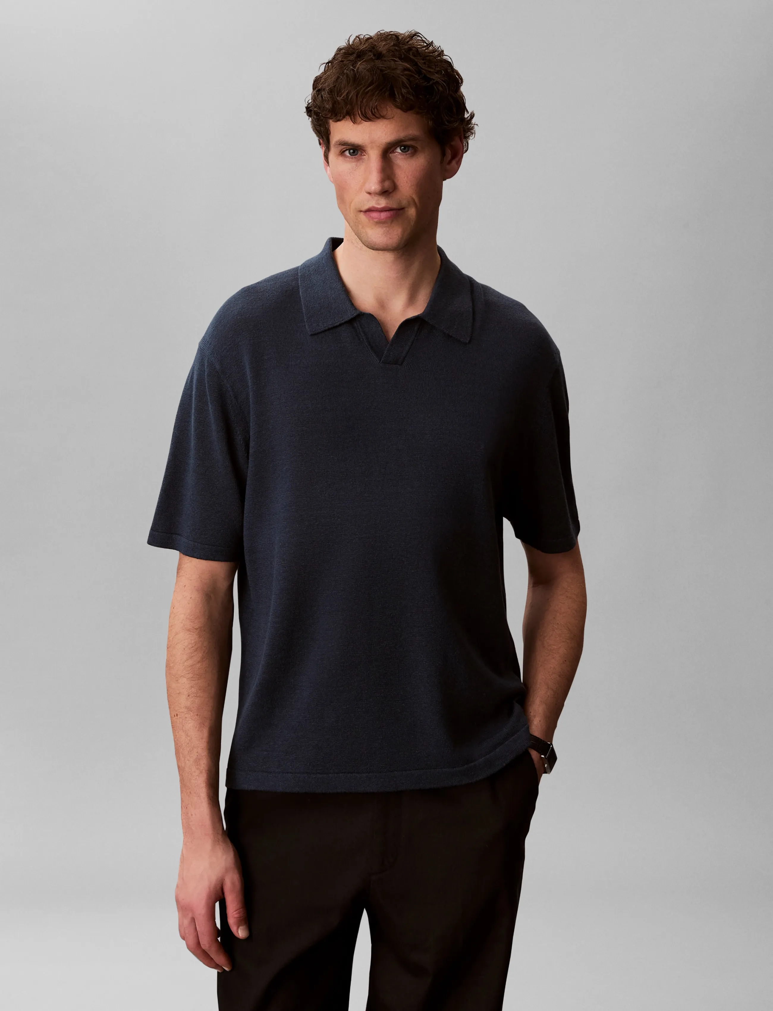 Calvin Klein - SS LINEN BLND JOHNNY SWTR 12GG - knitted polos - navy stone - 4