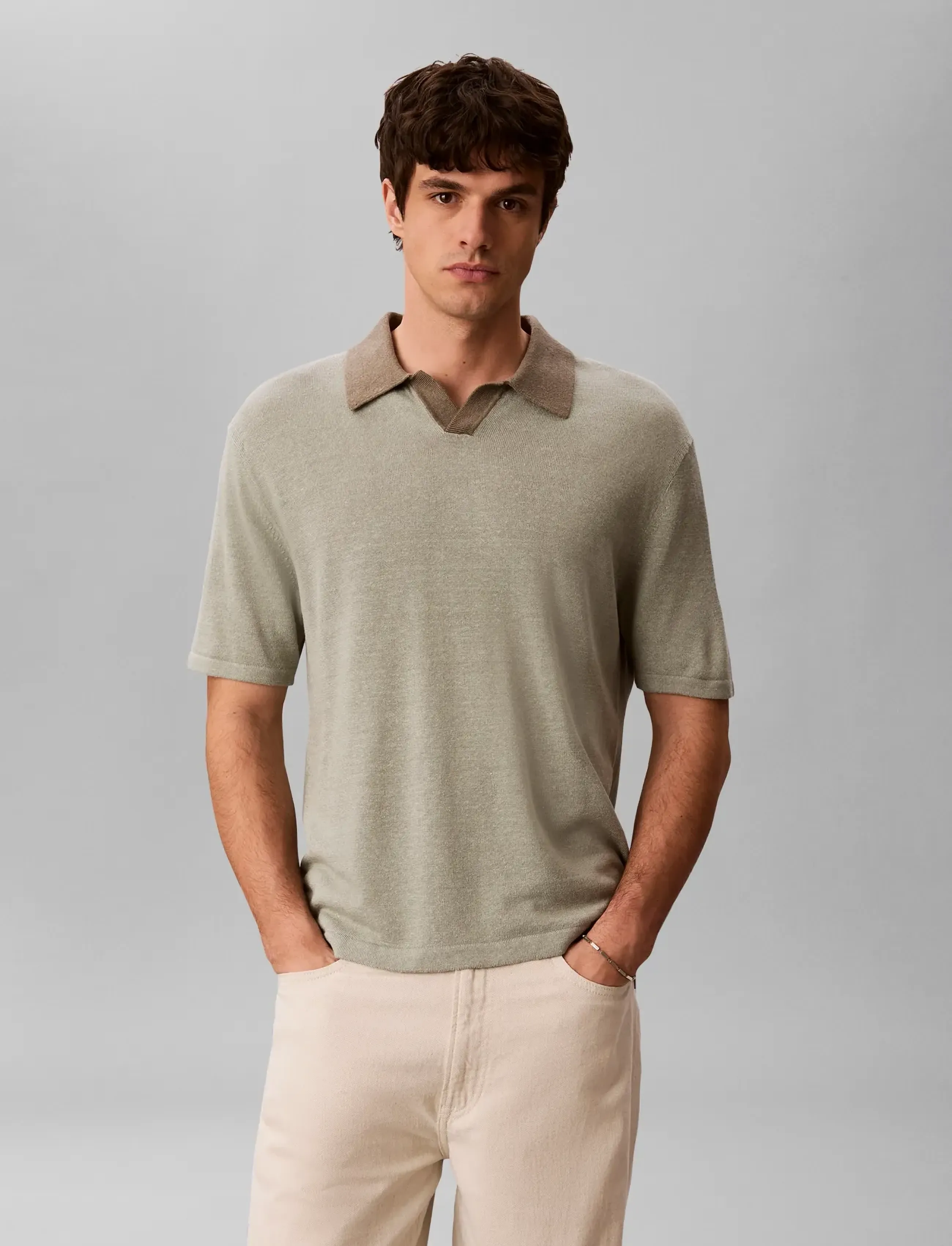 Calvin Klein SS LINEN BLND JOHNNY SWTR 12GG - Kurzärmelige gestrickte Polohemden - SHADOW  BUNGEE CORD / khaki/green