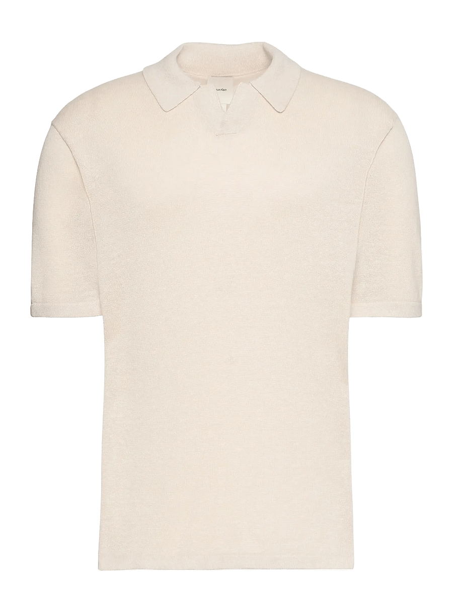 Calvin Klein - SS LINEN BLND JOHNNY SWTR 12GG - langärmlige strick-polohemden - white sand - 0