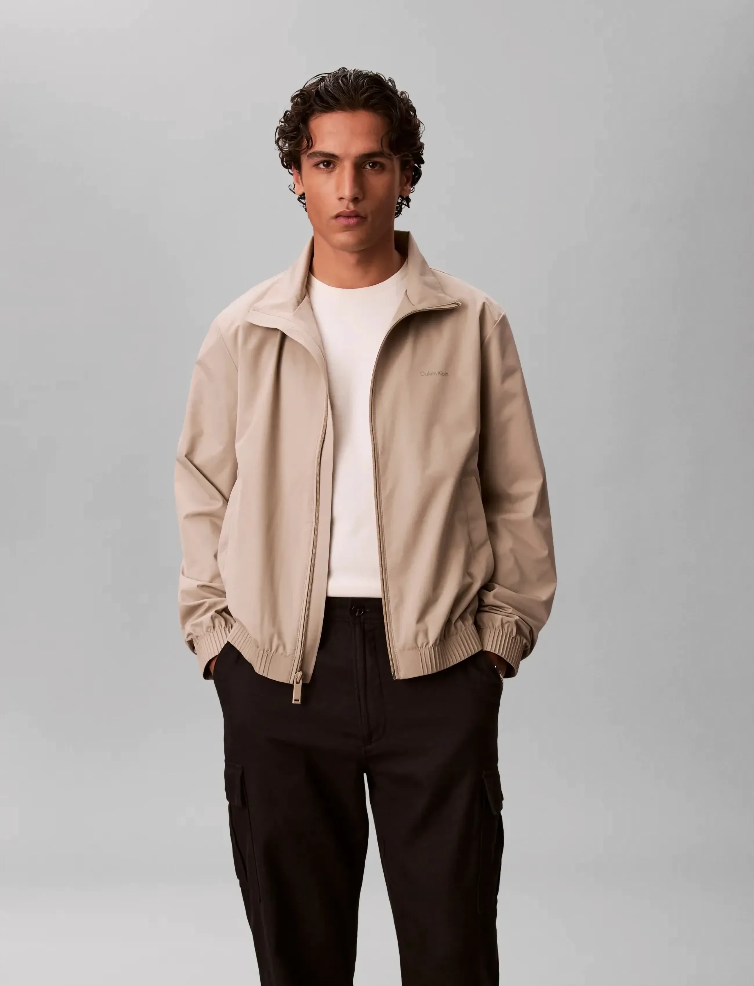 Calvin Klein Ls Nylon Stand Collar Windbreake, S, Jackets, Beige - Light Männerswear