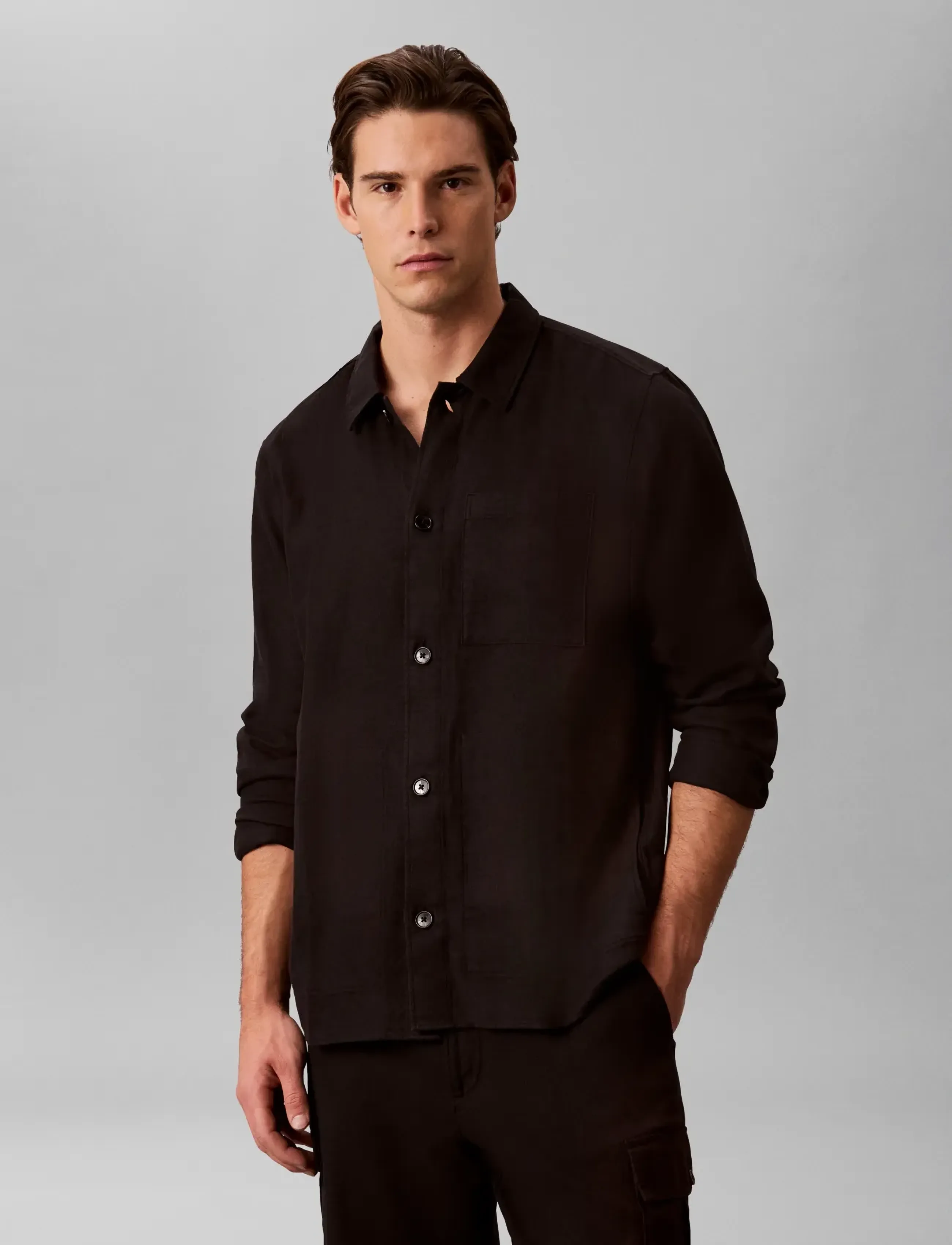 Calvin Klein Ls Linen Easy Overshirt, S, Black, Overdele > Overtrøjer, Herre