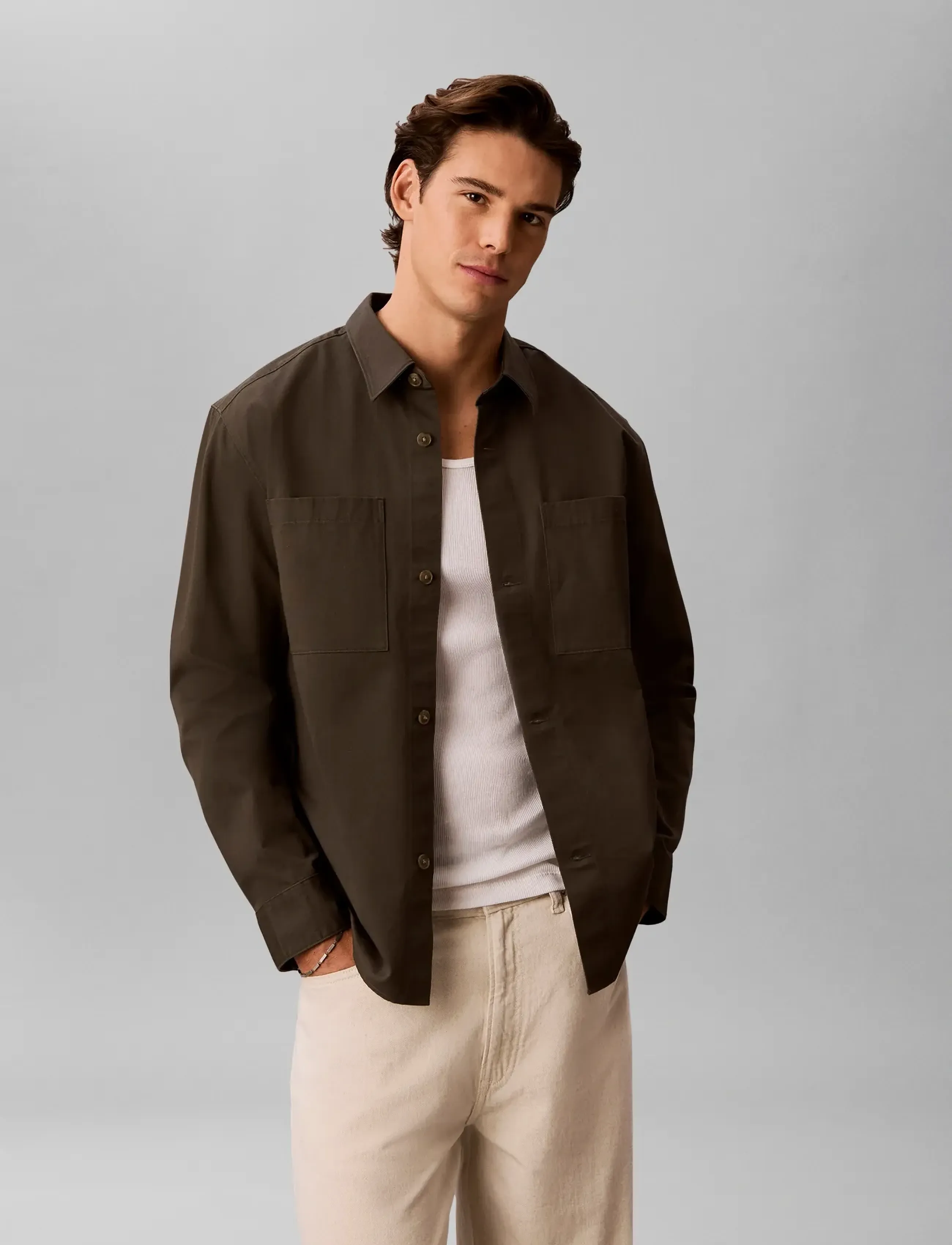 Calvin Klein LS GARMENT WASH TWILL EASY OVERS - Nach Stil kaufen - BELUGA / khaki/green
