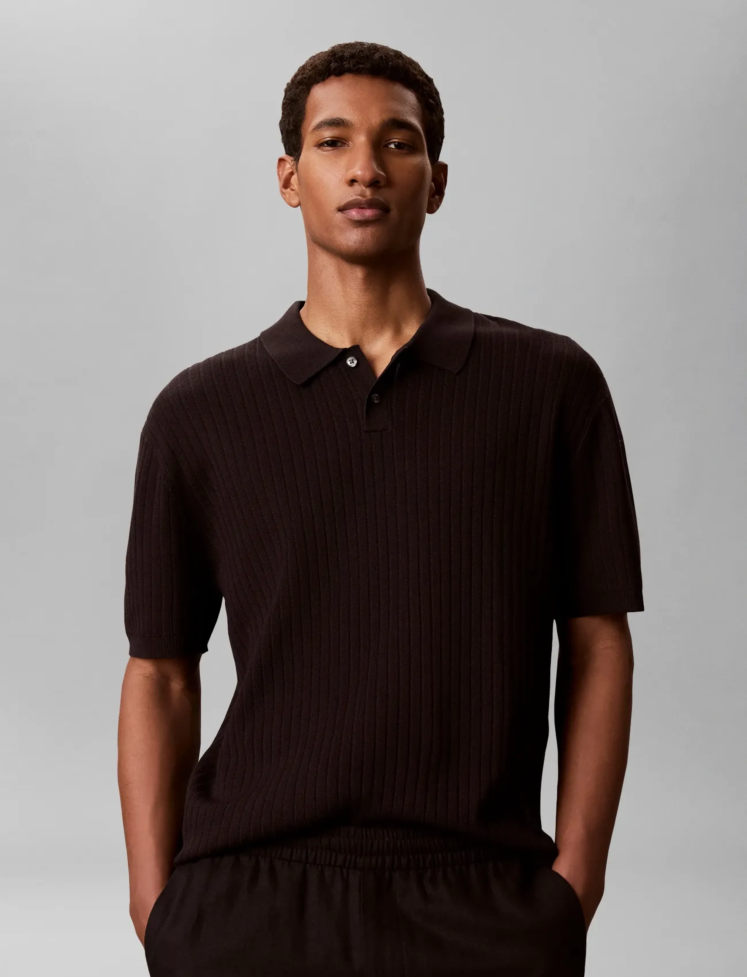 Calvin Klein Ss Lightweight Pattern Polo Swtr, S, Black, Poloer > Kortærmede, Herre