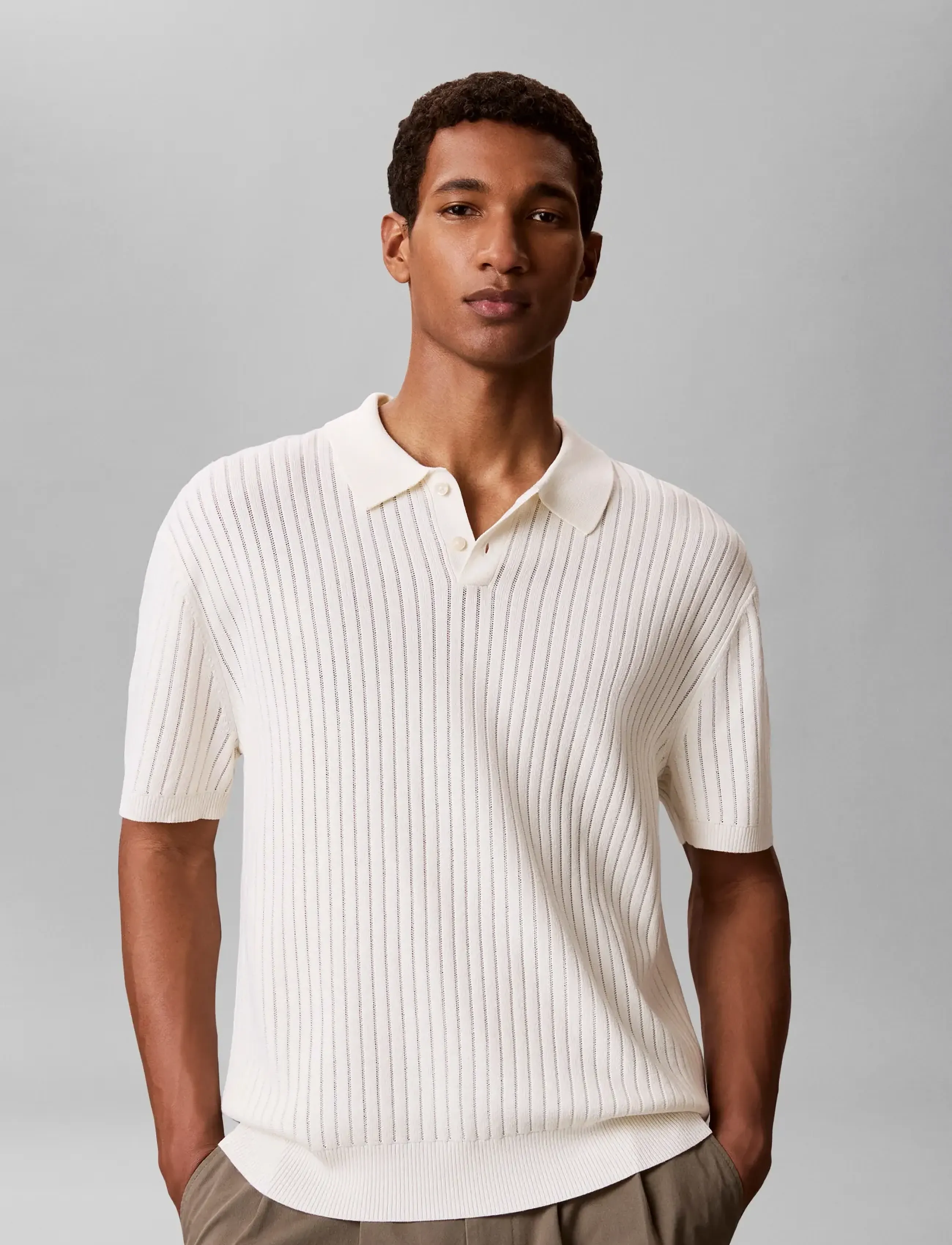 Calvin Klein SS LIGHTWEIGHT PATTERN POLO SWTR - Poloshirts - TOFU / cream