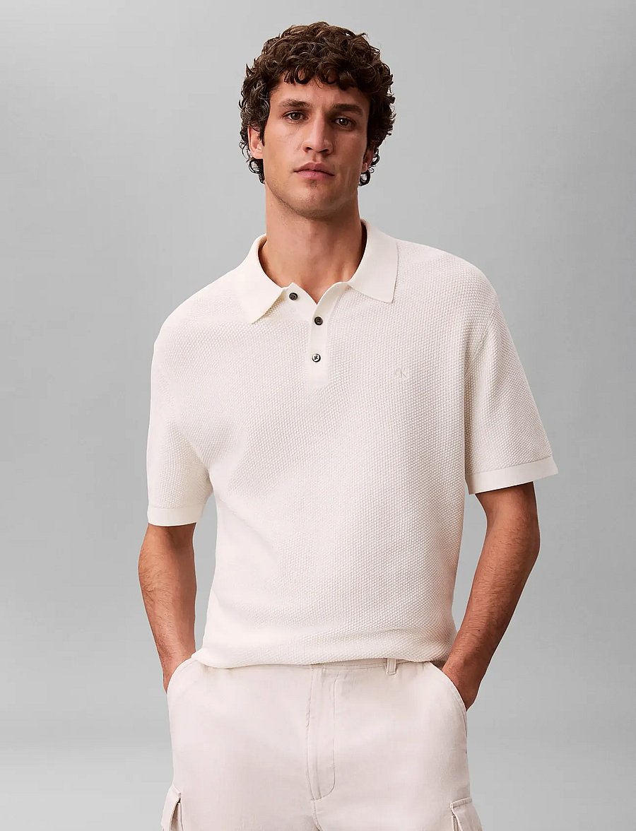 Calvin Klein - SS TEXTURED COTTON POLO SWEATER - polos en tricot - tofu - 0