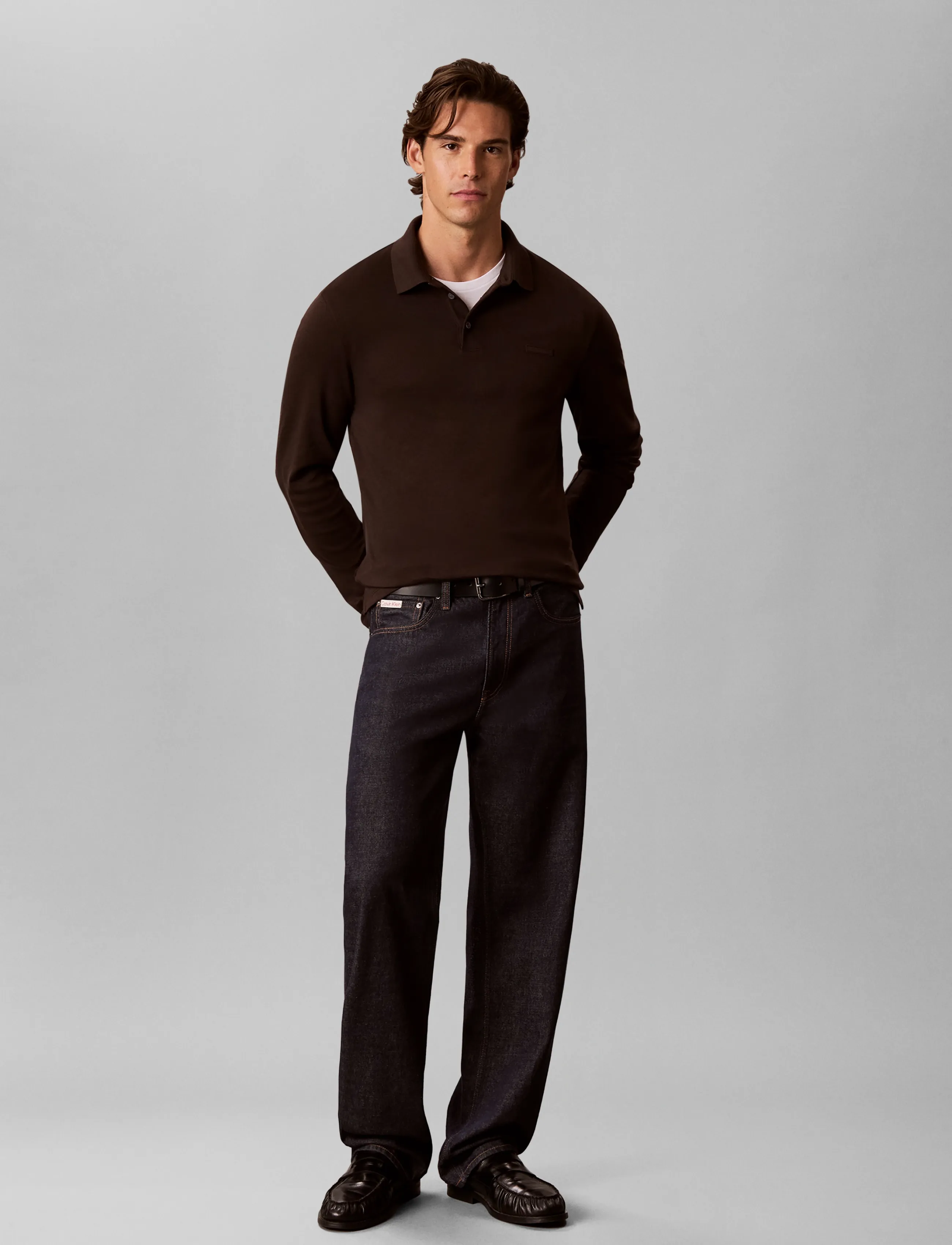 Calvin Klein LS SLIM SUPIMA LOGO PATCH POLO - Tøj - BLACK COFFEE / brown