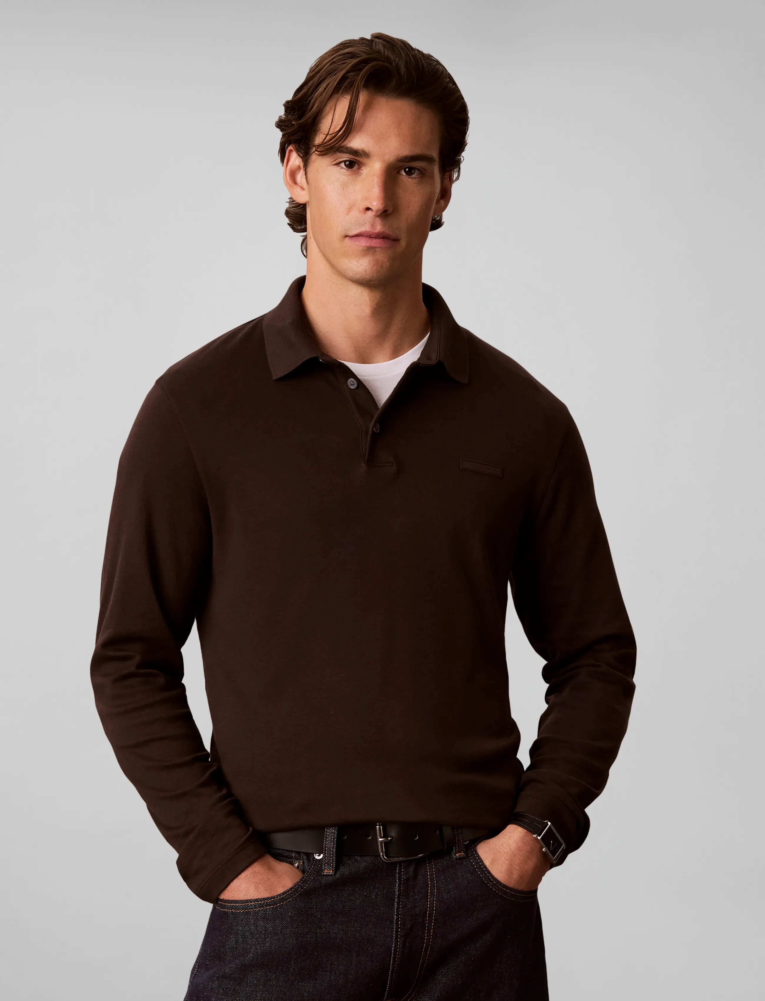 Calvin Klein - LS SLIM SUPIMA LOGO PATCH POLO - langærmede poloer - black coffee - 3