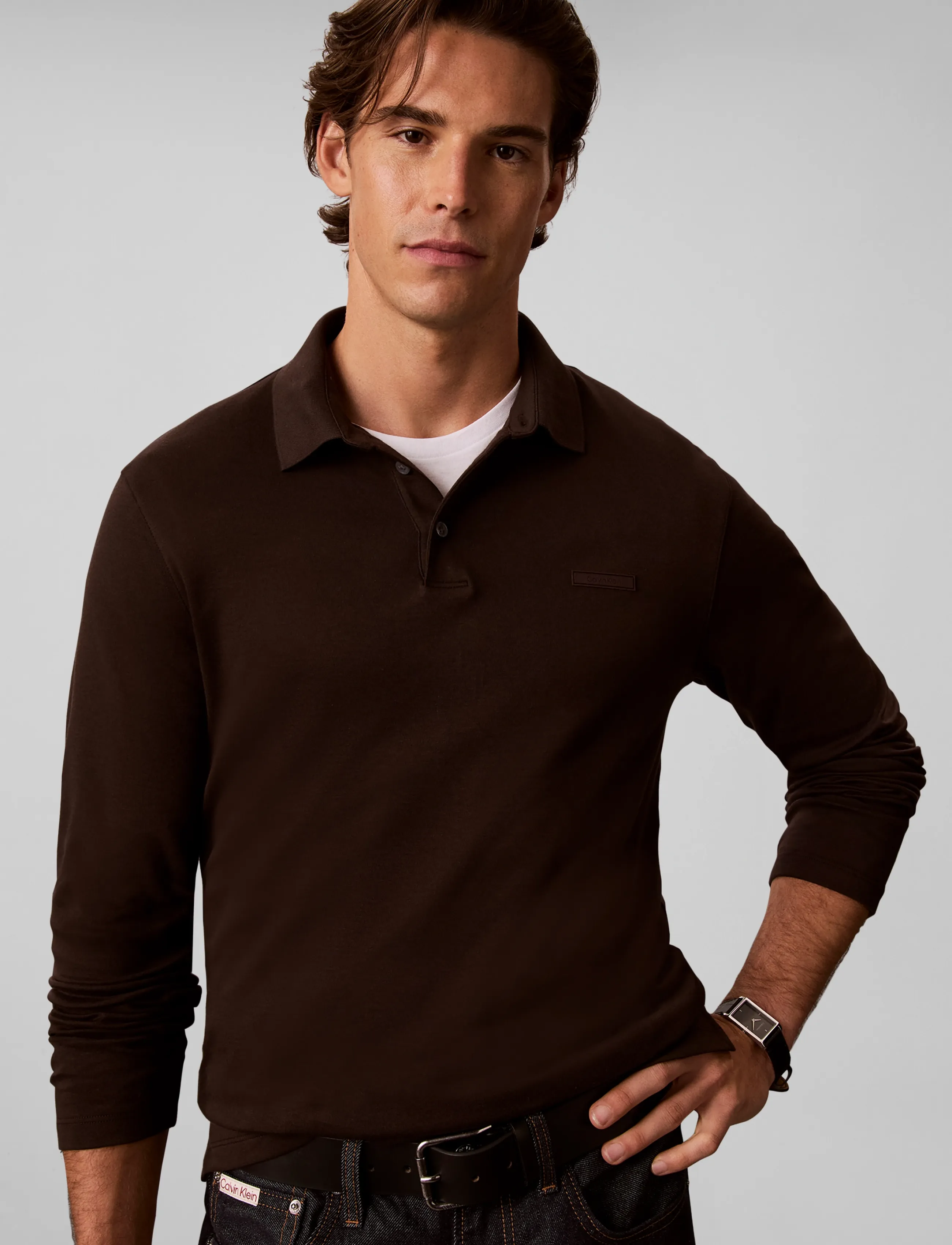 Calvin Klein - LS SLIM SUPIMA LOGO PATCH POLO - langærmede poloer - black coffee - 5