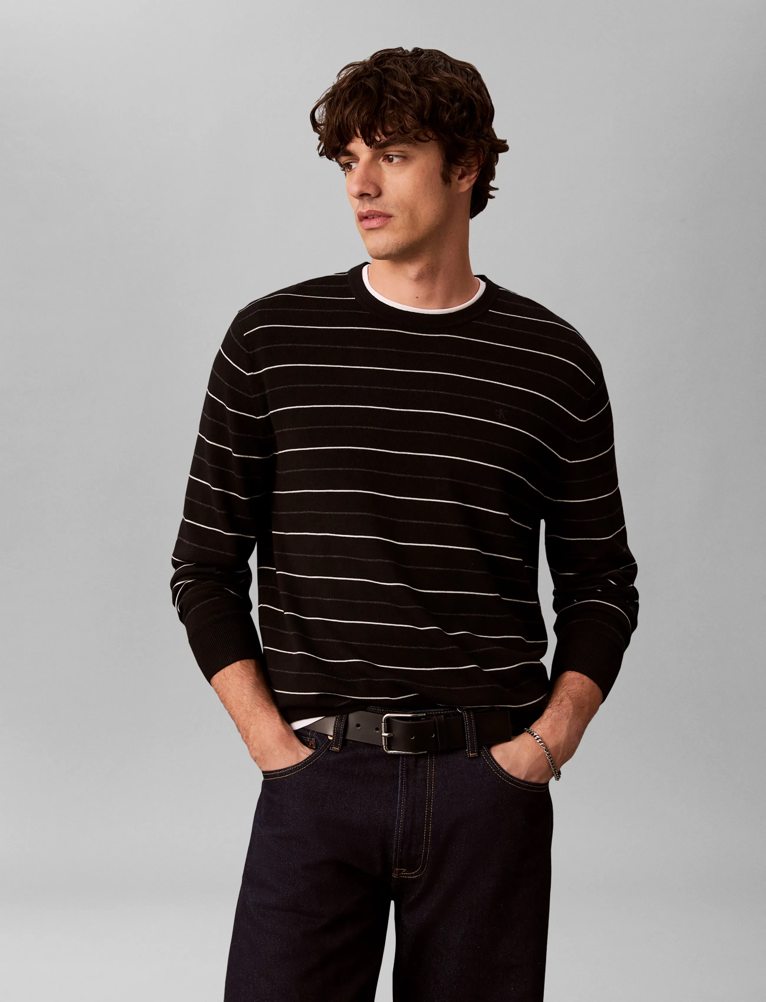 Calvin Klein LS 100% MERINO STRIPE CREW 14GG - Strickmode - BLACK / black