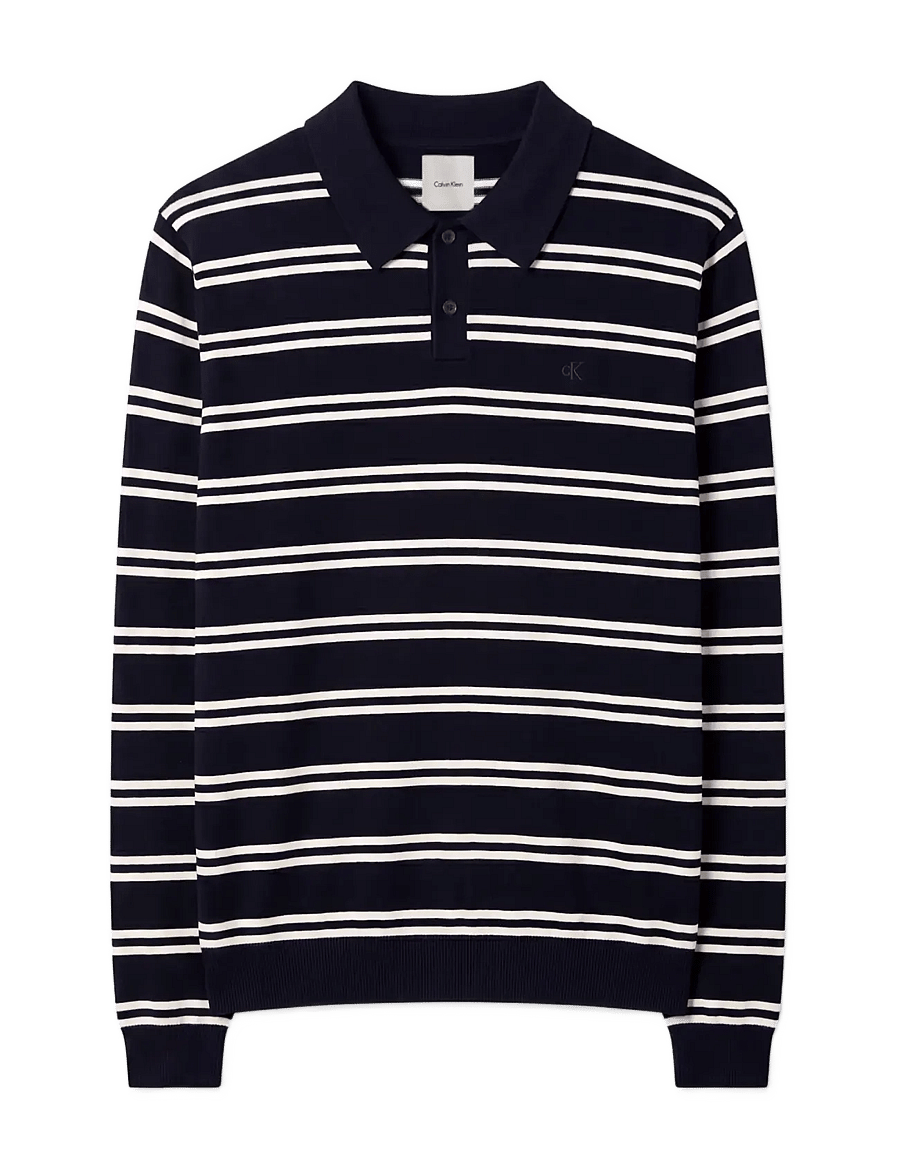 Calvin Klein - LS 100% MERINO STRIPE POLO 14GG - langärmelige strick-polohemden - dark sapphire - 1