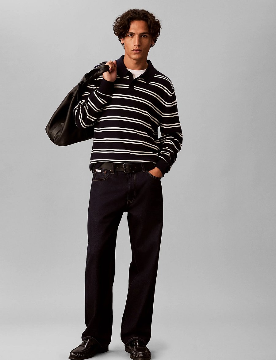 Calvin Klein - LS 100% MERINO STRIPE POLO 14GG - langärmelige strick-polohemden - dark sapphire - 0