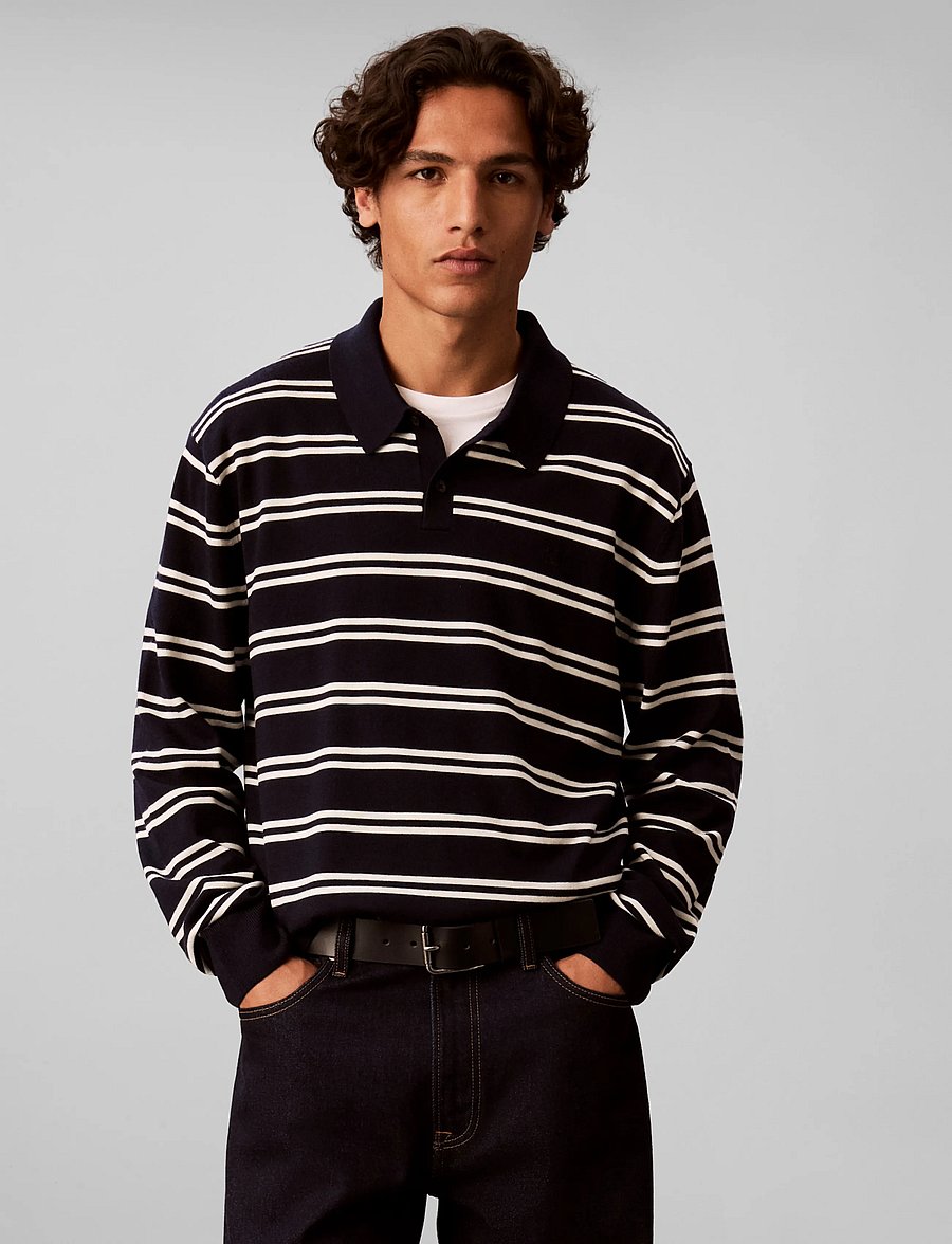 Calvin Klein - LS 100% MERINO STRIPE POLO 14GG - langärmelige strick-polohemden - dark sapphire - 3