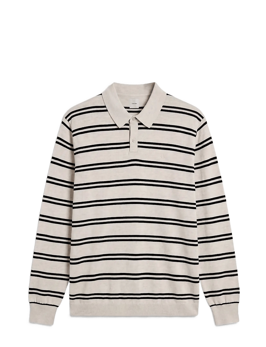 Calvin Klein - LS 100% MERINO STRIPE POLO 14GG - langärmelige strick-polohemden - snow heather - 1