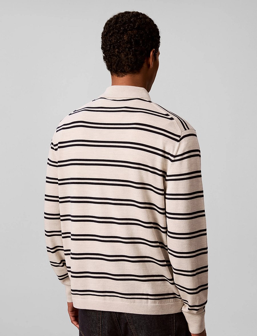 Calvin Klein - LS 100% MERINO STRIPE POLO 14GG - langärmelige strick-polohemden - snow heather - 2