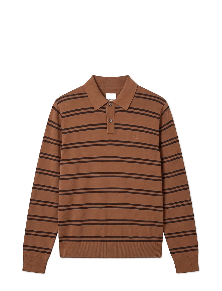 Calvin Klein - LS 100% MERINO STRIPE POLO 14GG - langärmelige strick-polohemden - thrush - 1