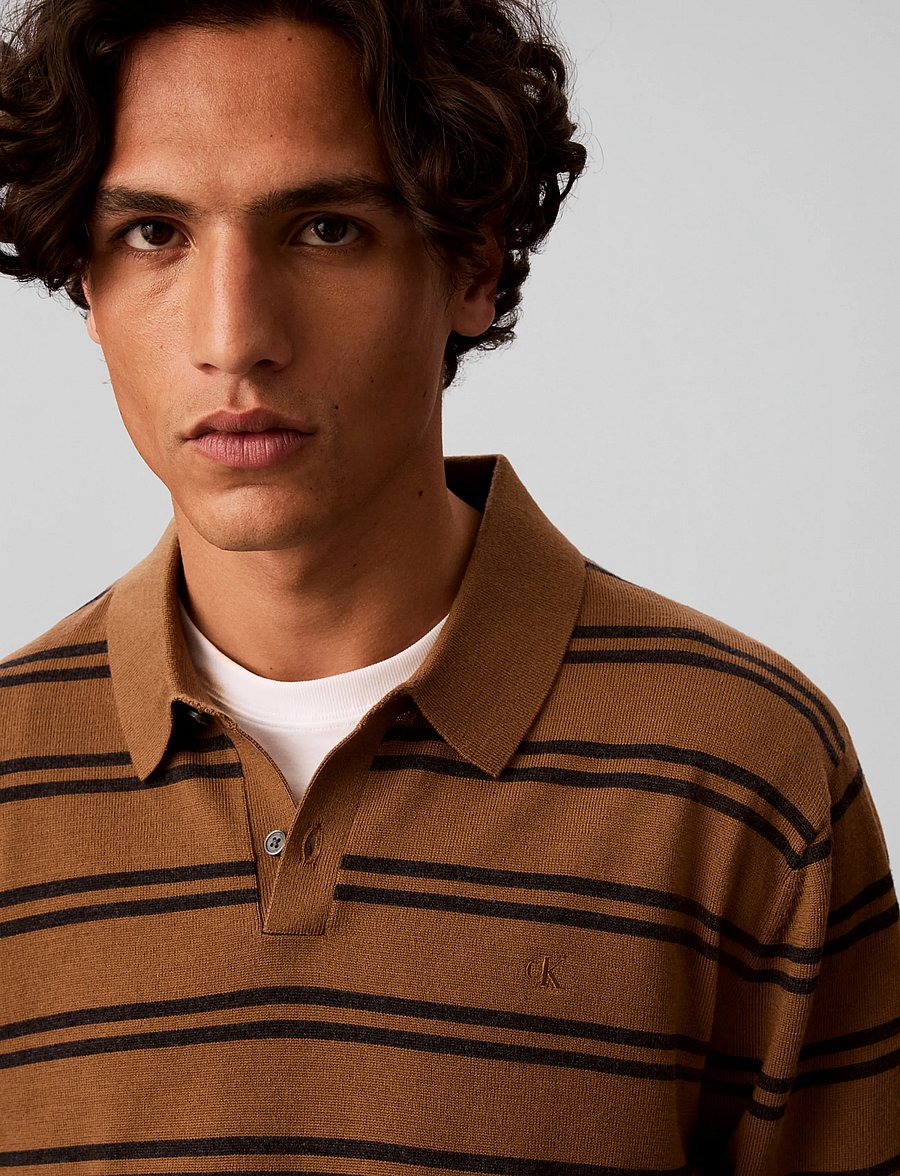 Calvin Klein - LS 100% MERINO STRIPE POLO 14GG - langärmelige strick-polohemden - thrush - 4