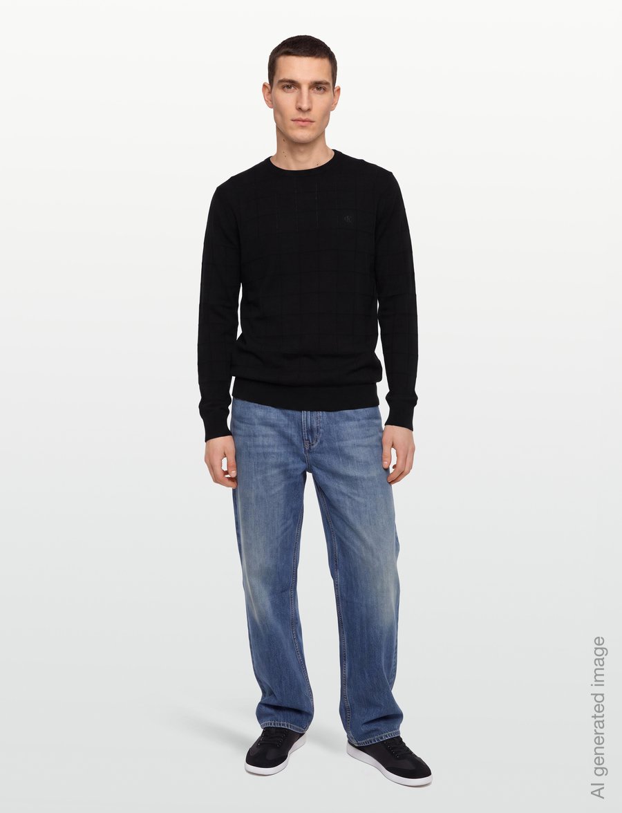 Calvin Klein - LS 100% MERINO TEXTURED GRID CRE - round necks - black - 0