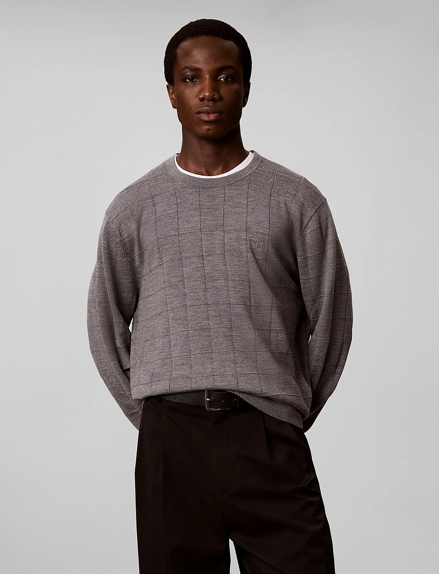 Calvin Klein - LS 100% MERINO TEXTURED GRID CRE - rundhalsad - medium grey htr - 0