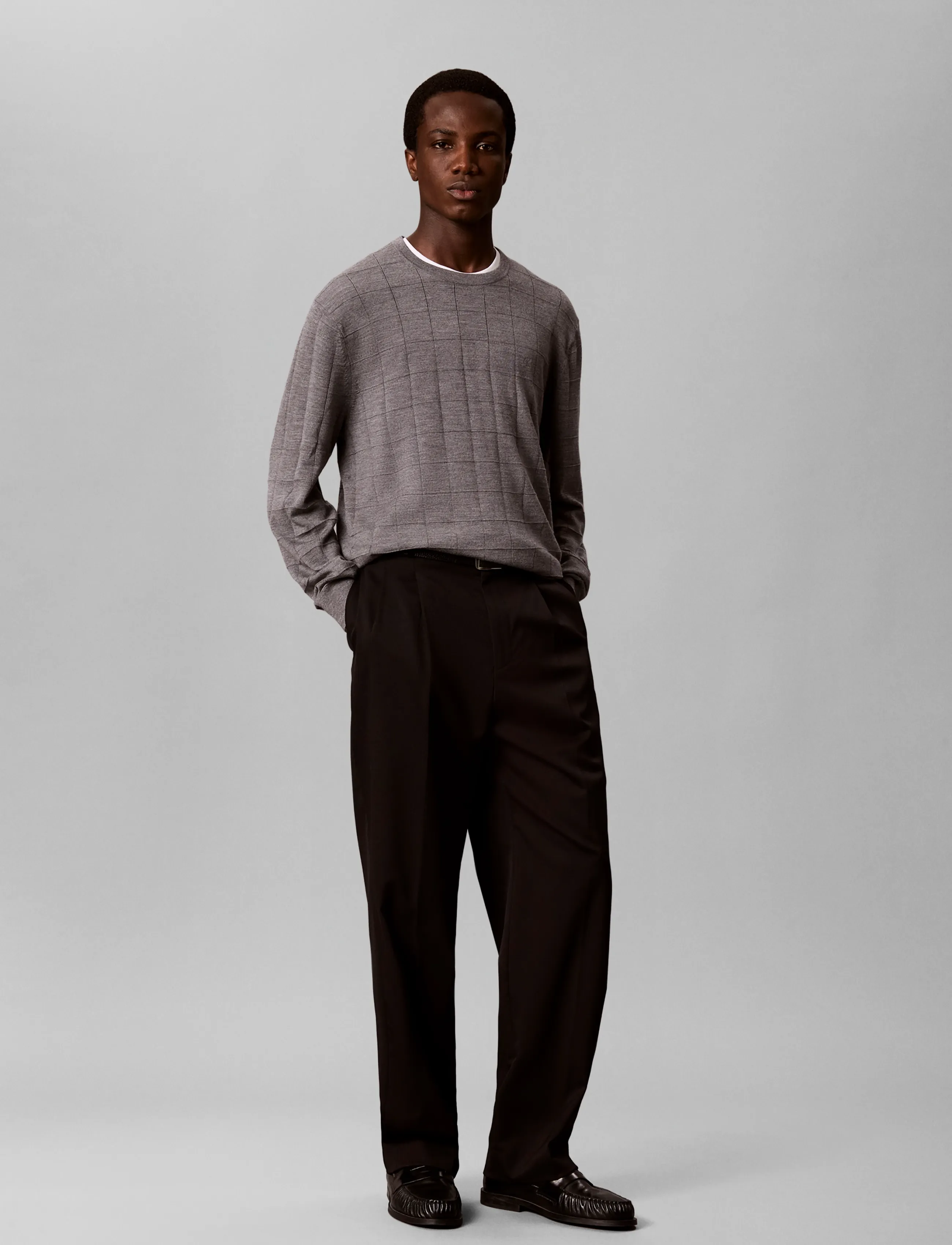 Calvin Klein - LS 100% MERINO TEXTURED GRID CRE - rundhalsad - medium grey htr - 4