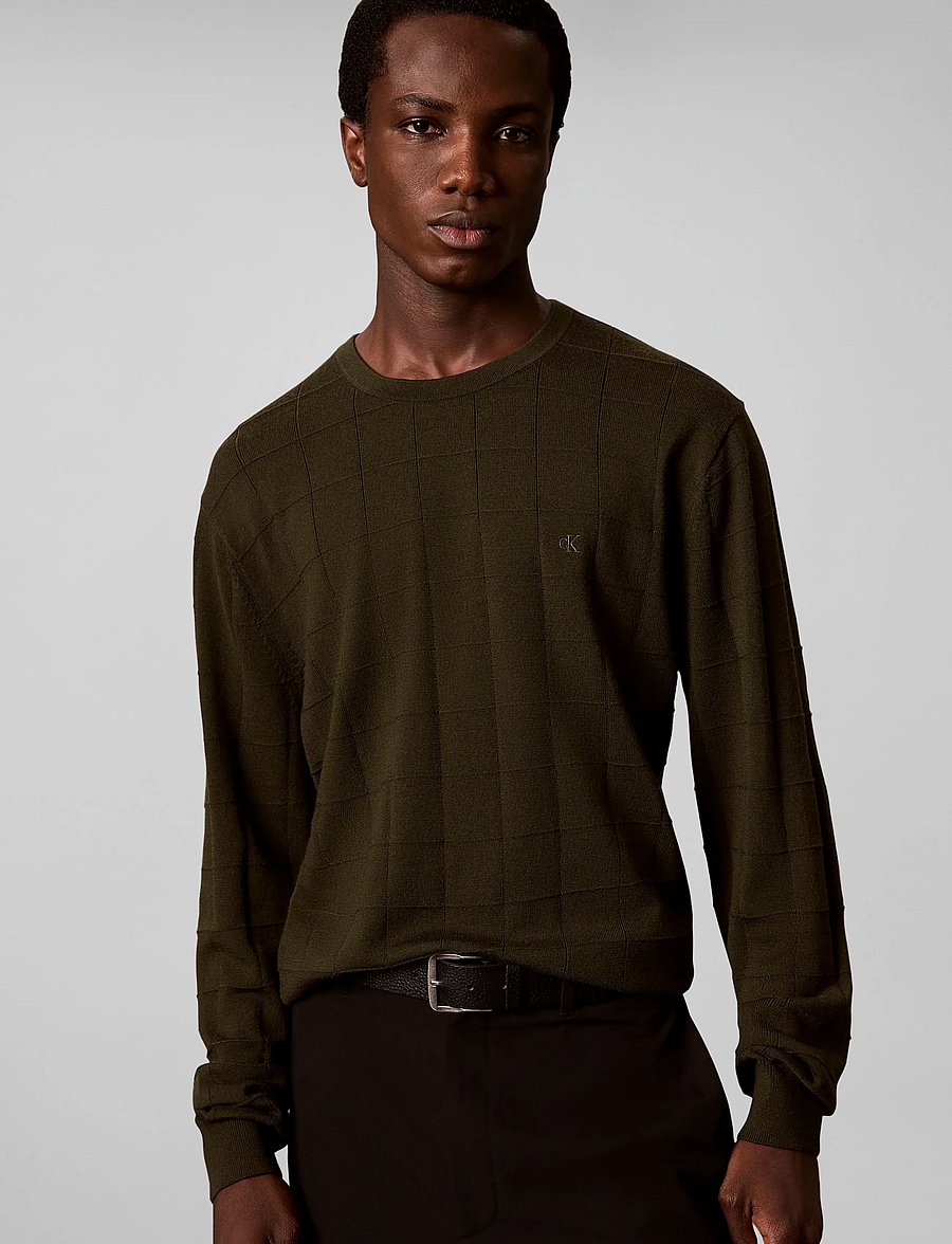 Calvin Klein - LS 100% MERINO TEXTURED GRID CRE - round necks - olive night - 0